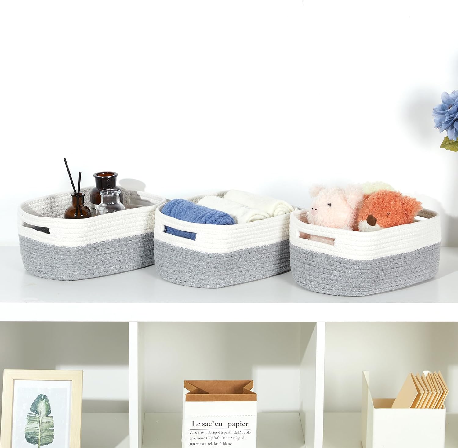 Small Cotton Rope Storage Baskets for Organizing Woven / 11.8 x 7.8 x 5 / White&grey / Set of 3