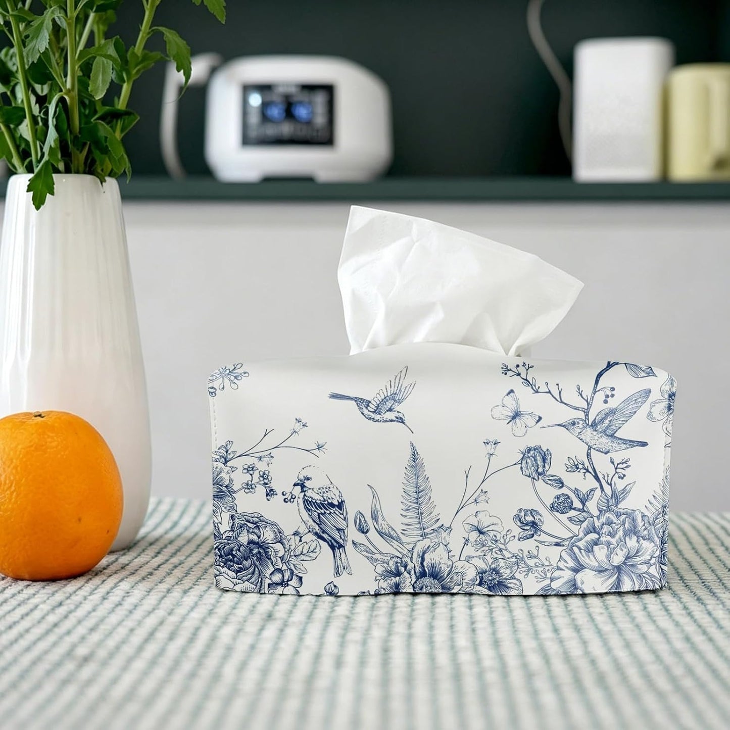 Chinoiserie Flower Toile Tissue Box Holder / Floral Bird Blue