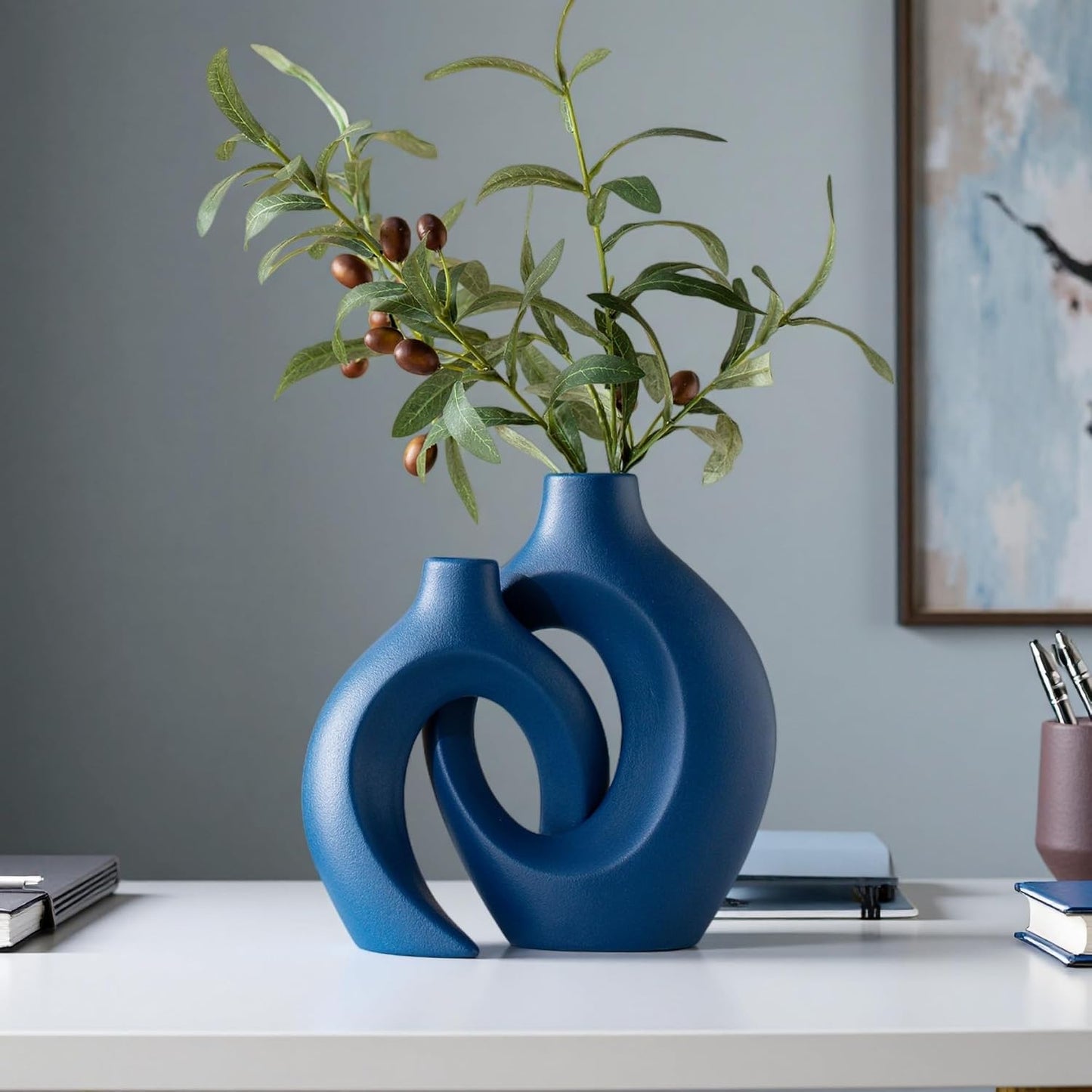 Snuggle Hollow Ceramic Vase / Navy Blue L / 8.4 Inch / Set of 2