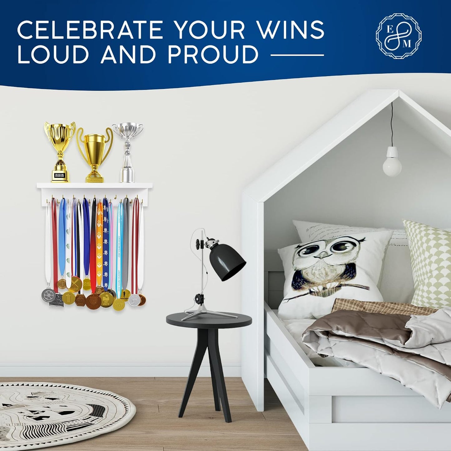 EVERMORE Medal Hanger Display and Trophy Shelf with Hooks - Wooden Medal Holder for Wall Mount Ribbon Display, Trophy