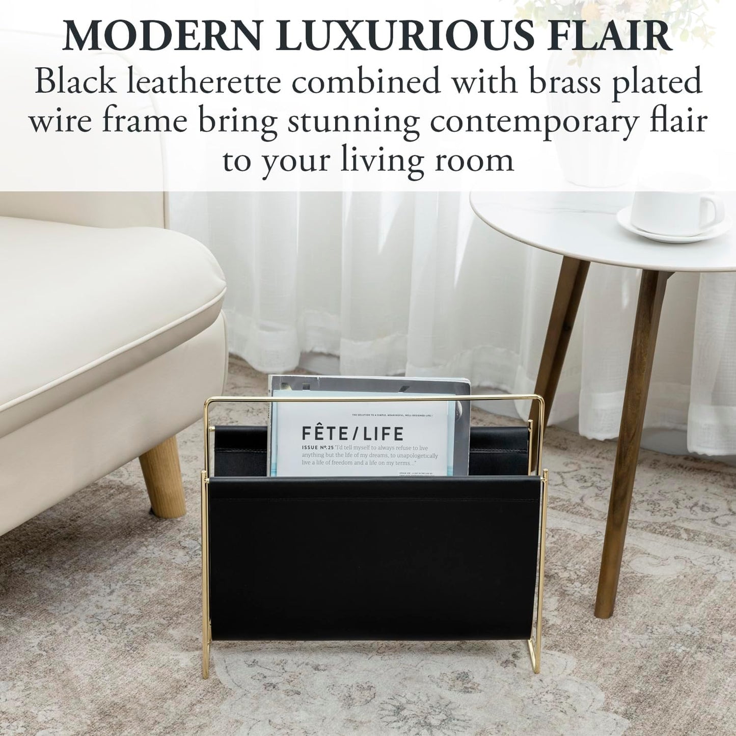 MyGift 15-Inch Modern Black Leatherette & Brass Plated Metal Magazine Holder – Floor Standing Faux Leather Sling Style