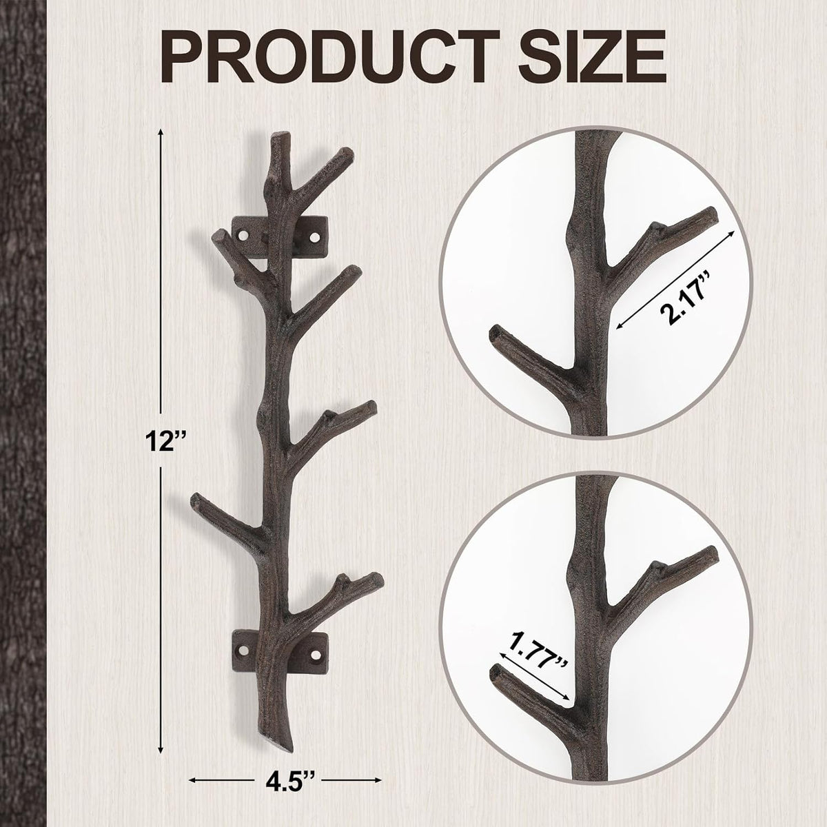 12" Cast Iron Tree Branch Vertical Coat Hat Rack Wall Mount Heavy Duty Decorative Coat Hook Rustic Hanger for Coats