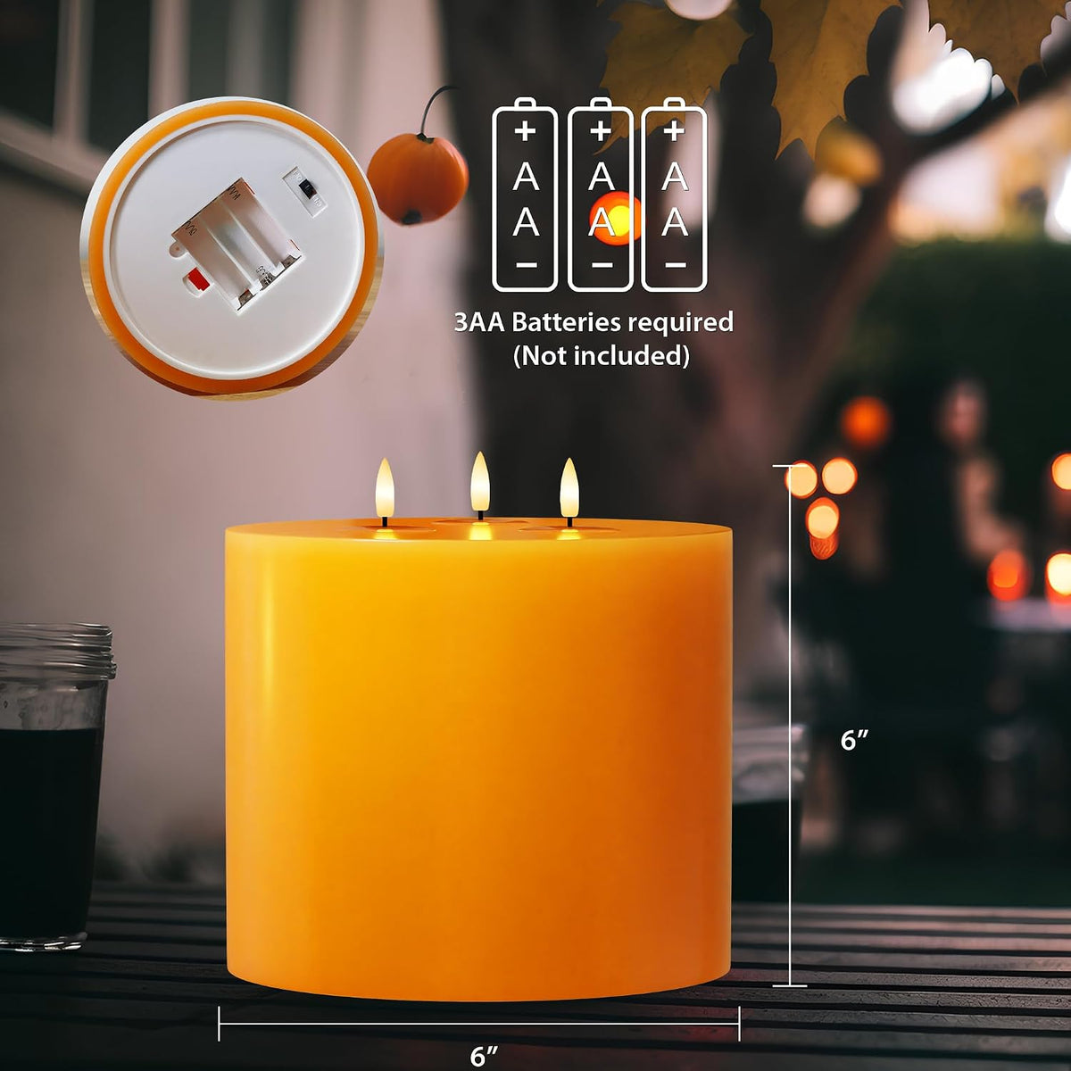Orange Extra Large Flameless Candles, 6"x6" Battery Operated Candles with Remote, Real Wax Flickering LED Candles with
