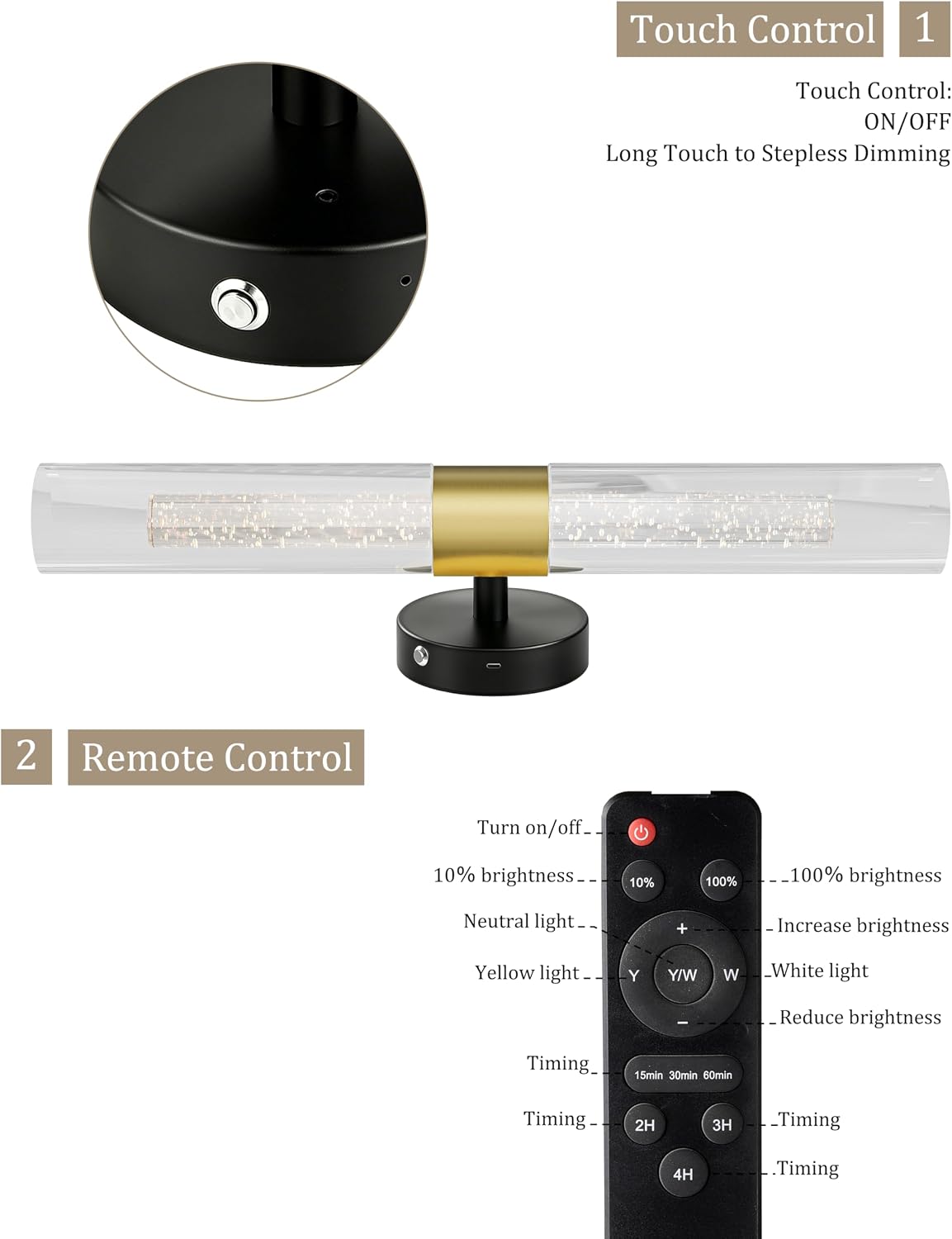 Black Gold Wall Sconces Battery Operated with Remote Control 21.5 Inch 3CCT | Rechargeable Wall Sconce with Timer