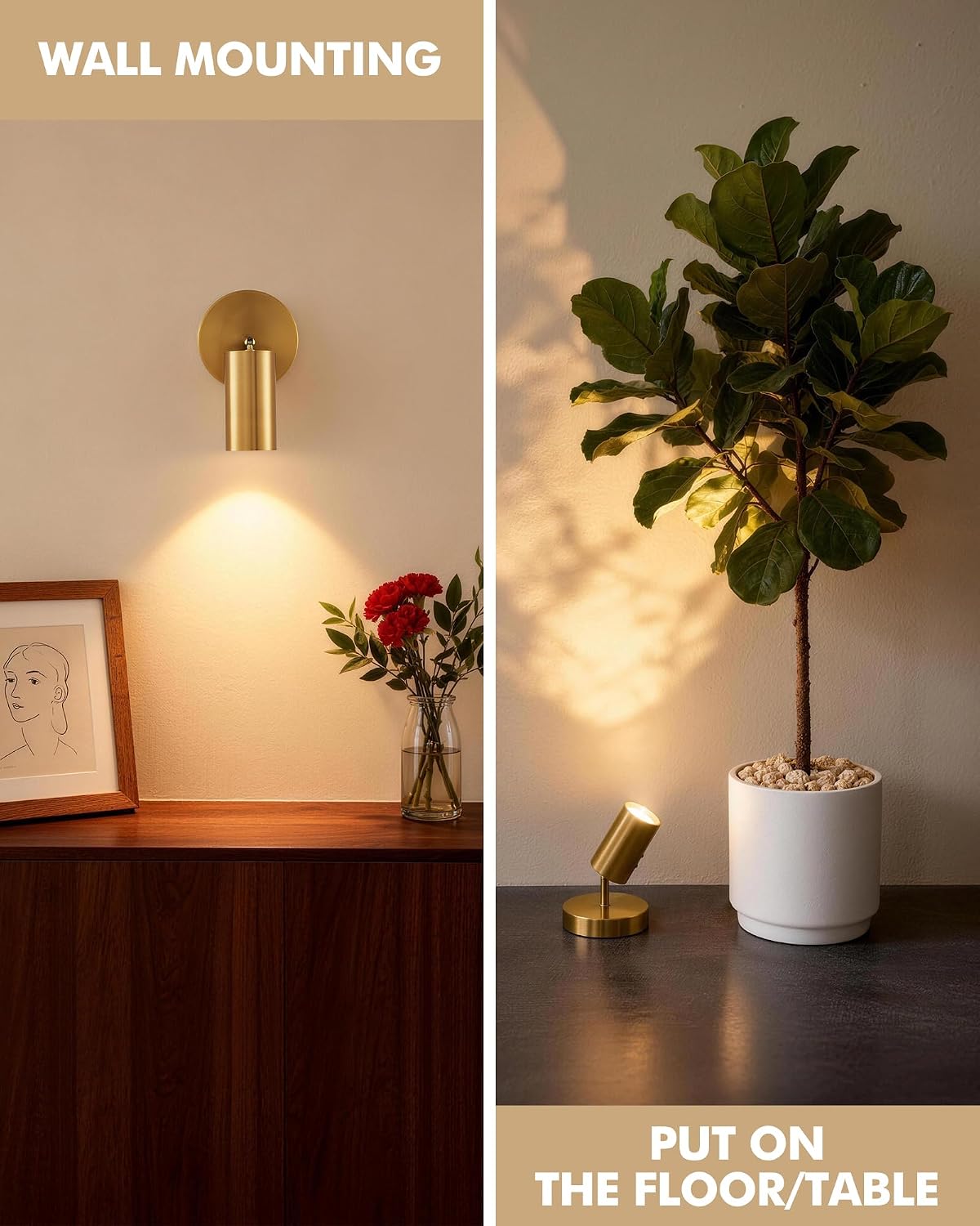 2 Pack Gold Wireless Led Spotlights Indoor with Remote, 8000mAh Cordless Battery Operated Plant Uplights, Rechargeable