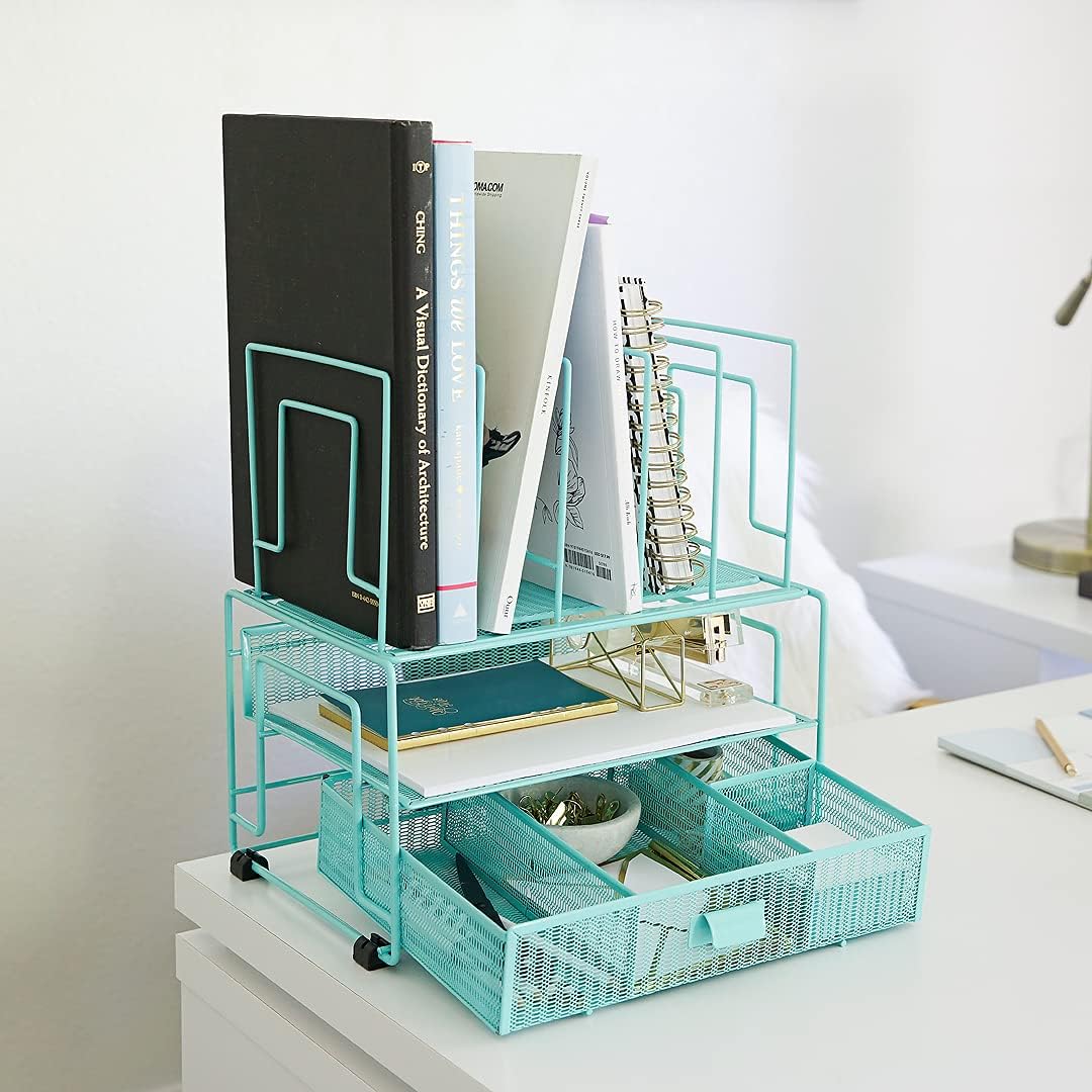 BLU MONACO Mint Green Desk Organizer With File Sorters and Drawer | Metal Mesh Desktop Storage for Office Supplies