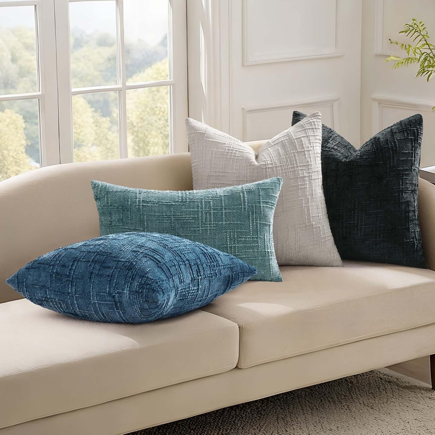 Fall Chenille Throw Pillow Covers Textured Soft Slubby Couch Pillow / Navy Blue / 18 x 18 / Set of 2