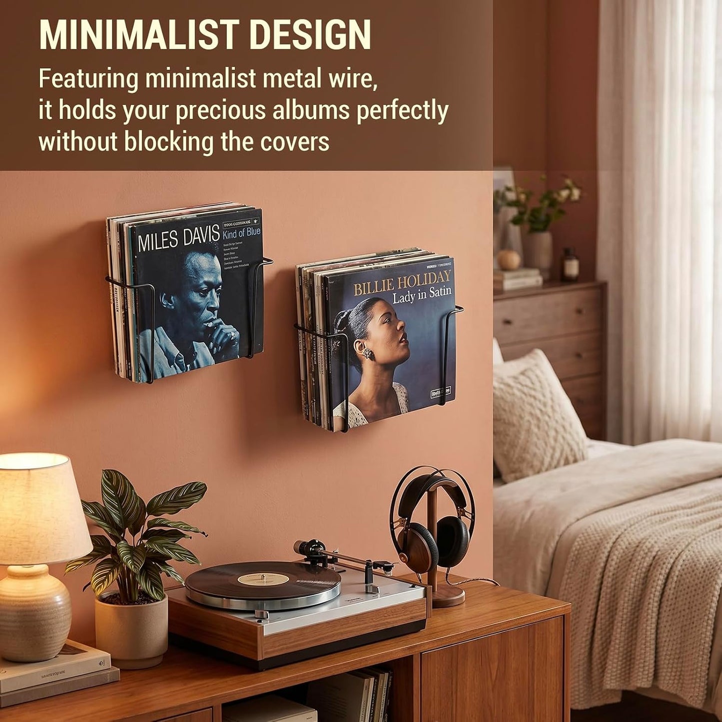 MyGift 2 Pack Vinyl Record Wall Mount Holder Black Metal Display Shelf | Holds LP Albums, Black Metal Frame, Floating