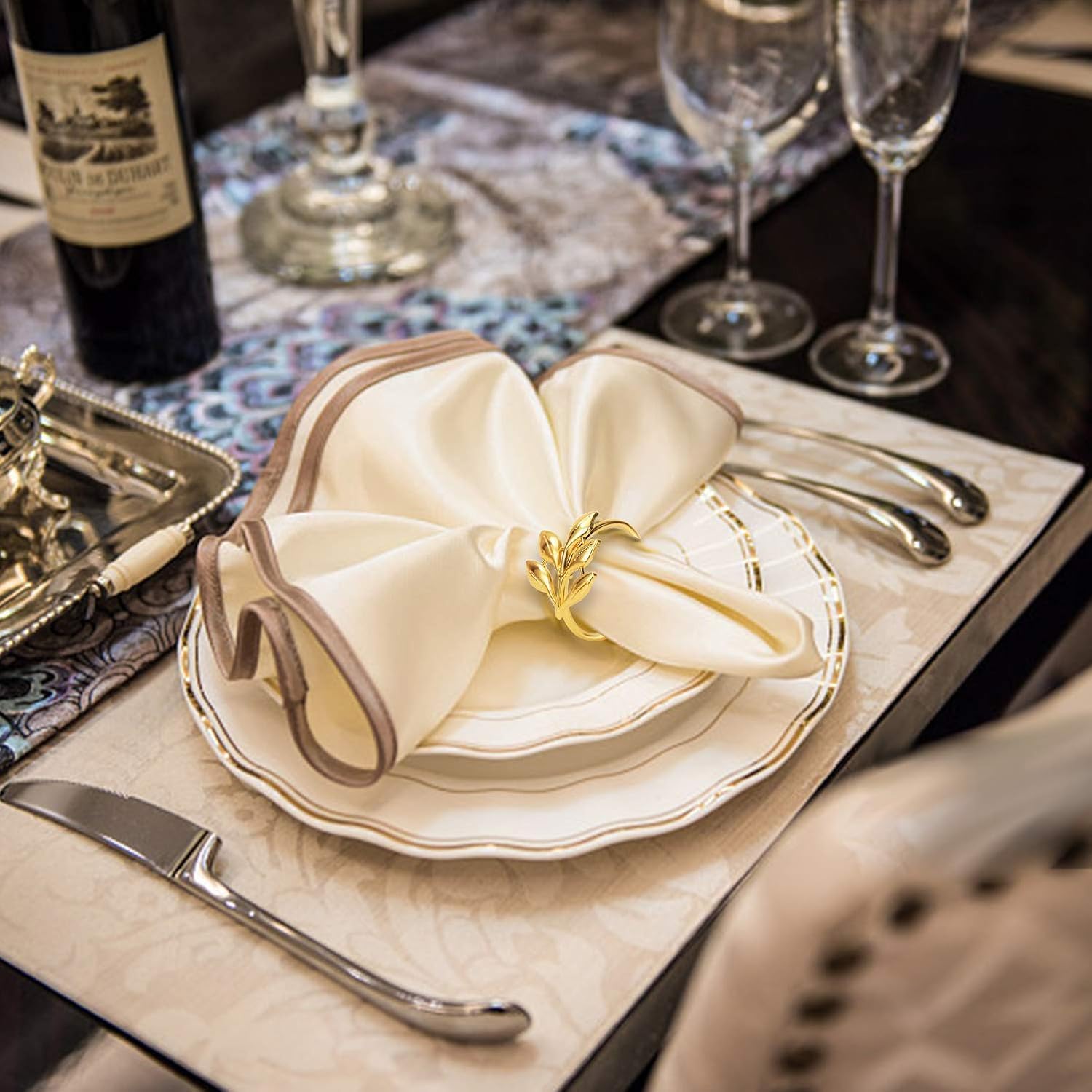 KPOSIYA Set of 50 Leaf Napkin Rings Metal Gold Napkin Holder Table Napkin Rings for Thanksgiving Day Christmas Dinning