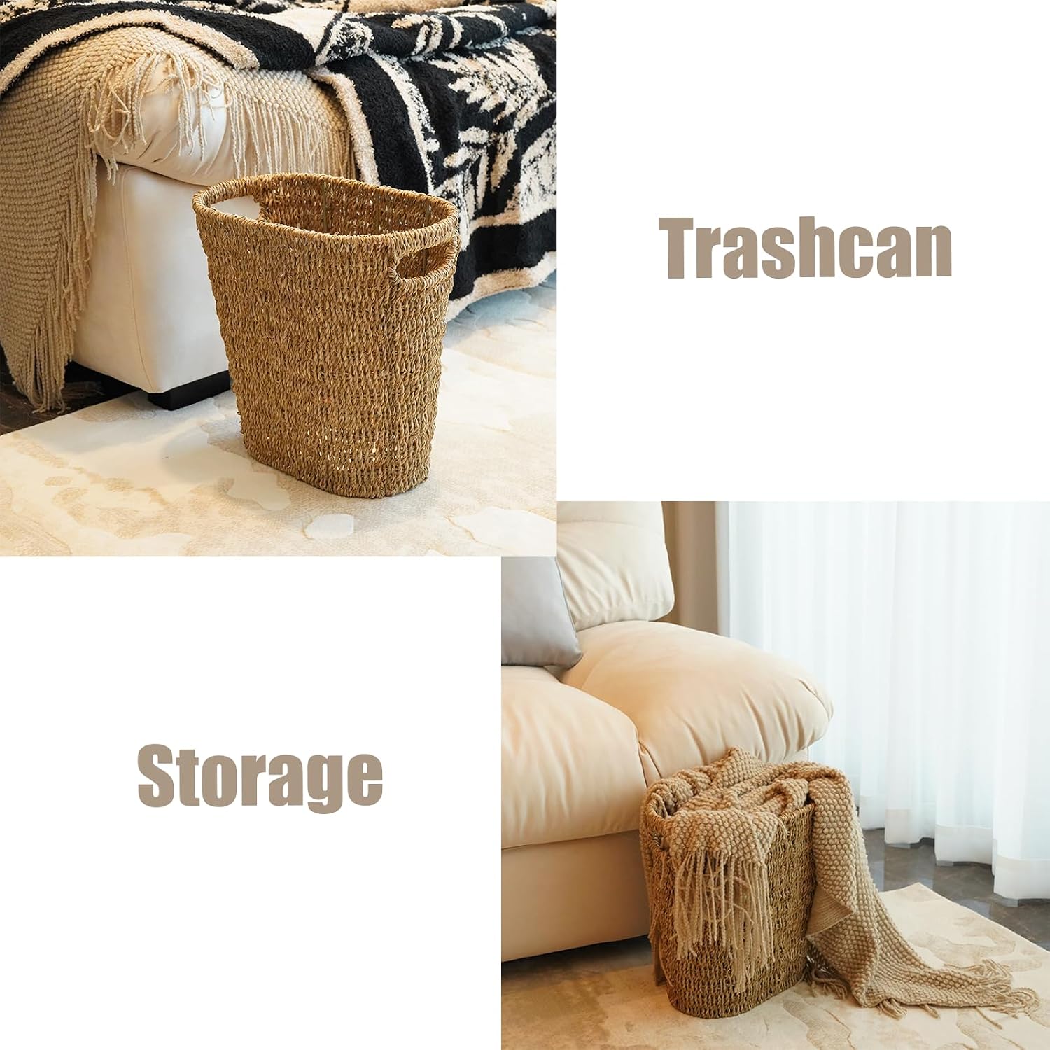 Bathroom Wicker Trash Can Wicker Waste Basket / Seagrass