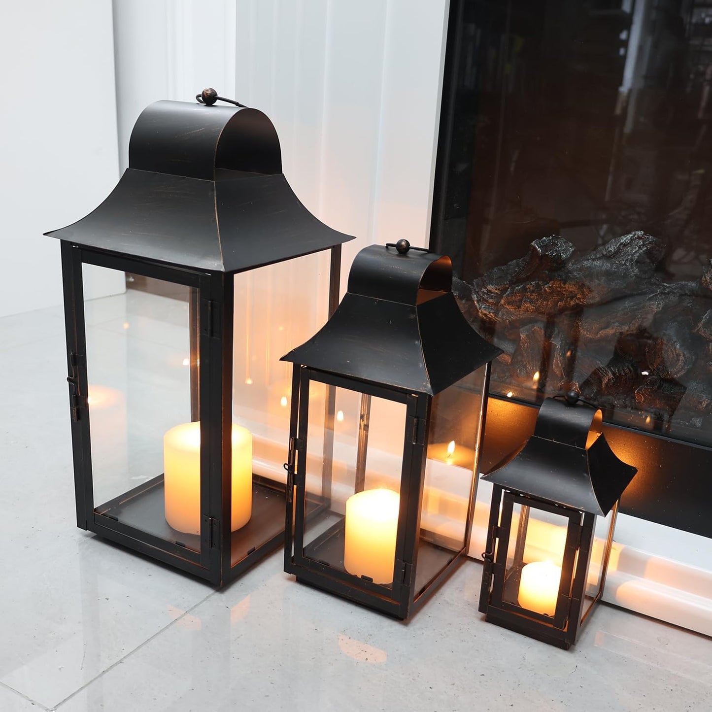 Lanterns Decorative Indoor & Outdoor, 22'' 16'' 11'' Large Candle Lanterns Decorative for Front Porch, Metal Frame