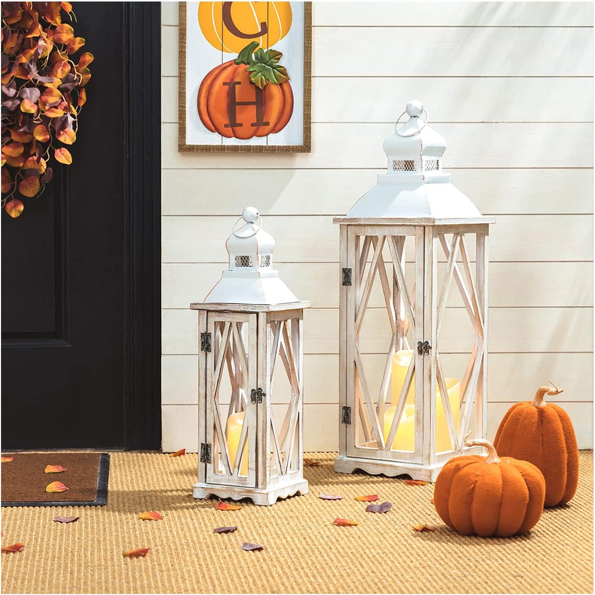 Glitzhome Farmhouse White Wood Metal Lanterns Decorative Hanging Candle Lanterns Set of 2