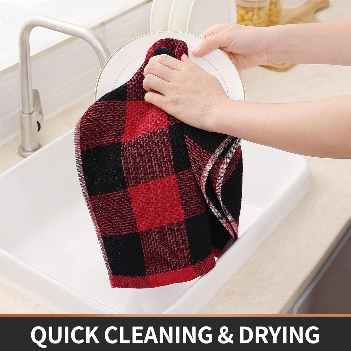 Homaxy Kitchen Towels and Dishcloths Set, Set of 12, Black & Red | Bulk Cotton Waffle Weave Check Plaid Kitchen Towels