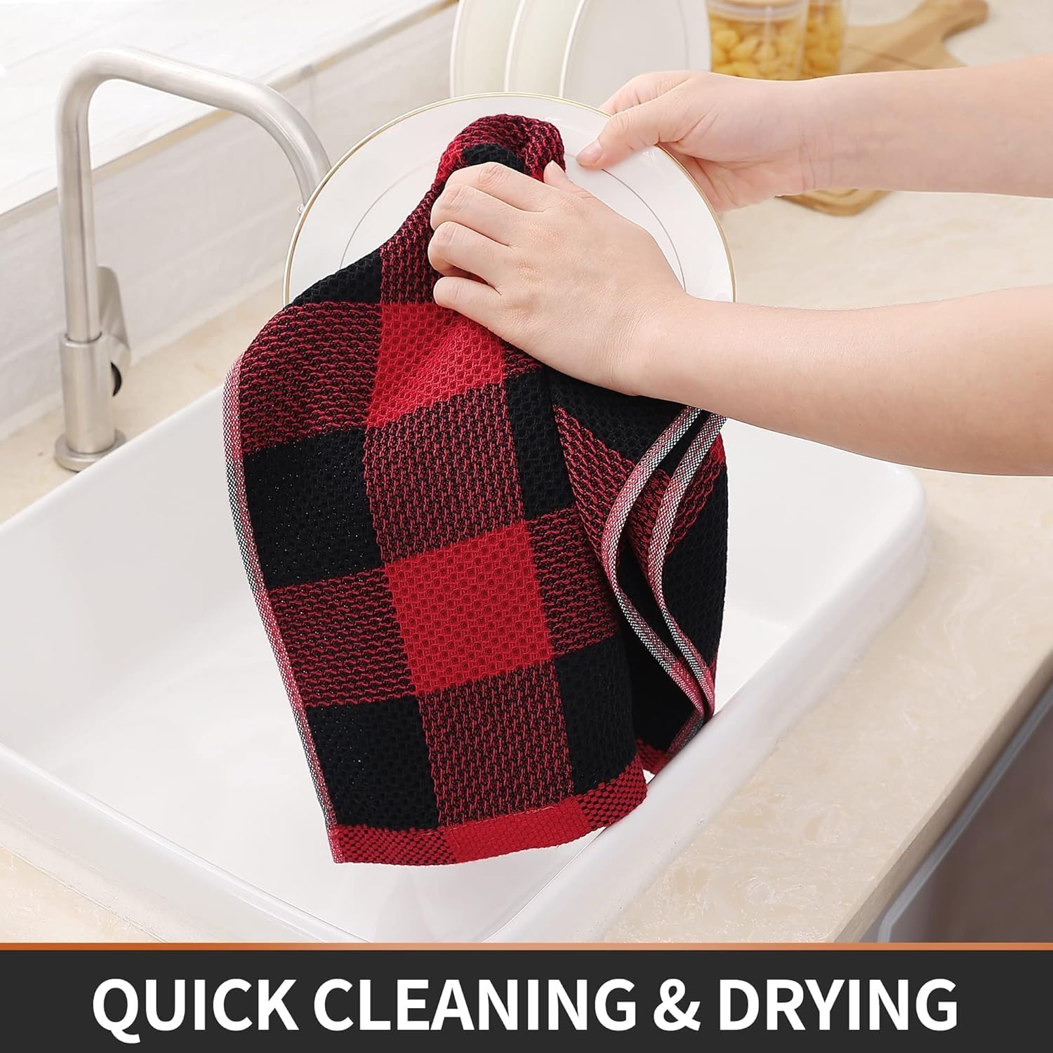 Homaxy Kitchen Towels and Dishcloths Set, Set of 12, Black & Red | Bulk Cotton Waffle Weave Check Plaid Kitchen Towels