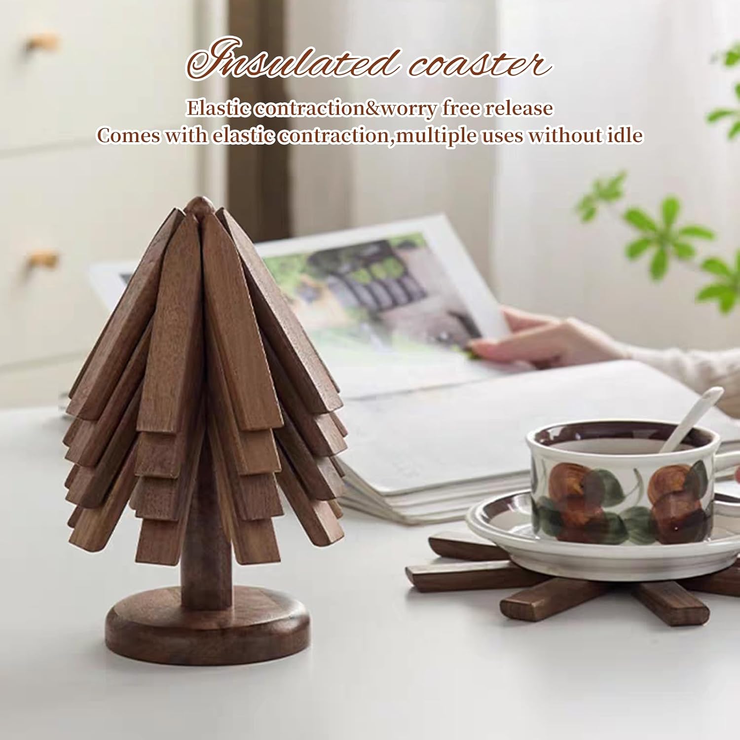 Trivets for Hot Dishes, 4 Artful Foldable Wooden Hot Pads for the Kitchen, Store as a Decorative Christmas Tree for