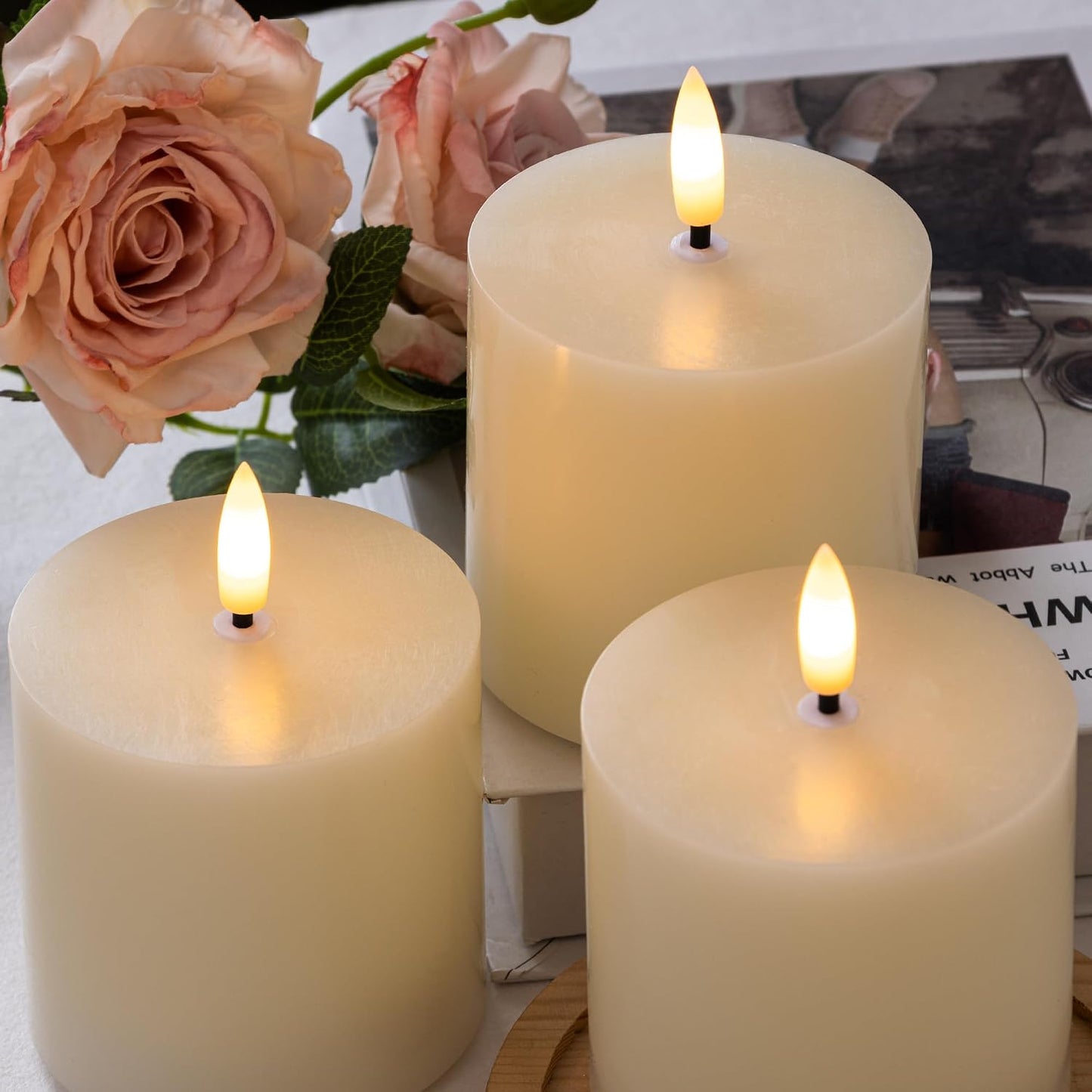 Flameless Pillar Candles, 3x3 Ivory Real Wax, Remote Timer, 3 Pack | Battery candles with timer and remote, adjustable