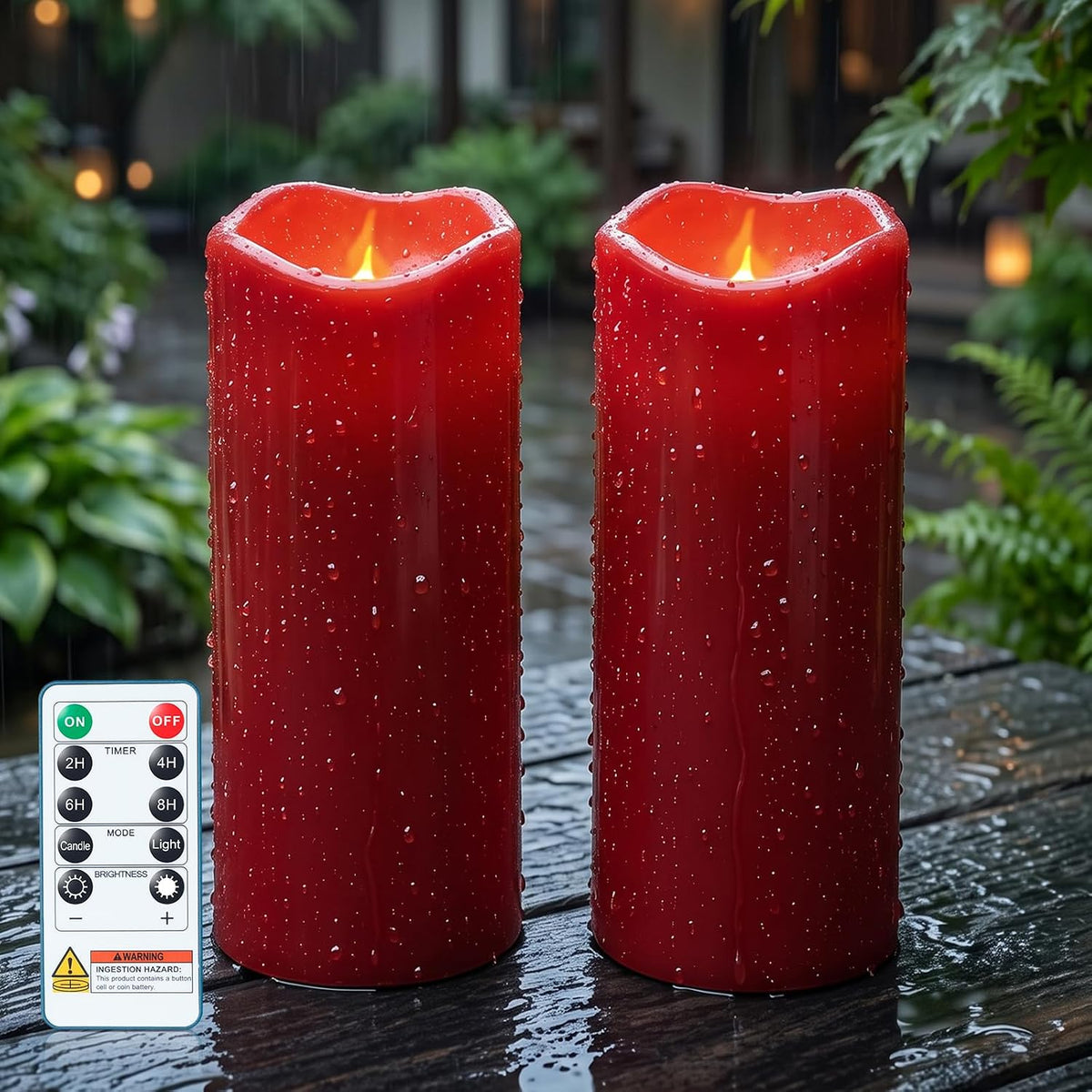 5plots 4"x10" Large Waterproof Flameless Candles Red LED Pillar Set of 2 | Battery operated LED candles with remote