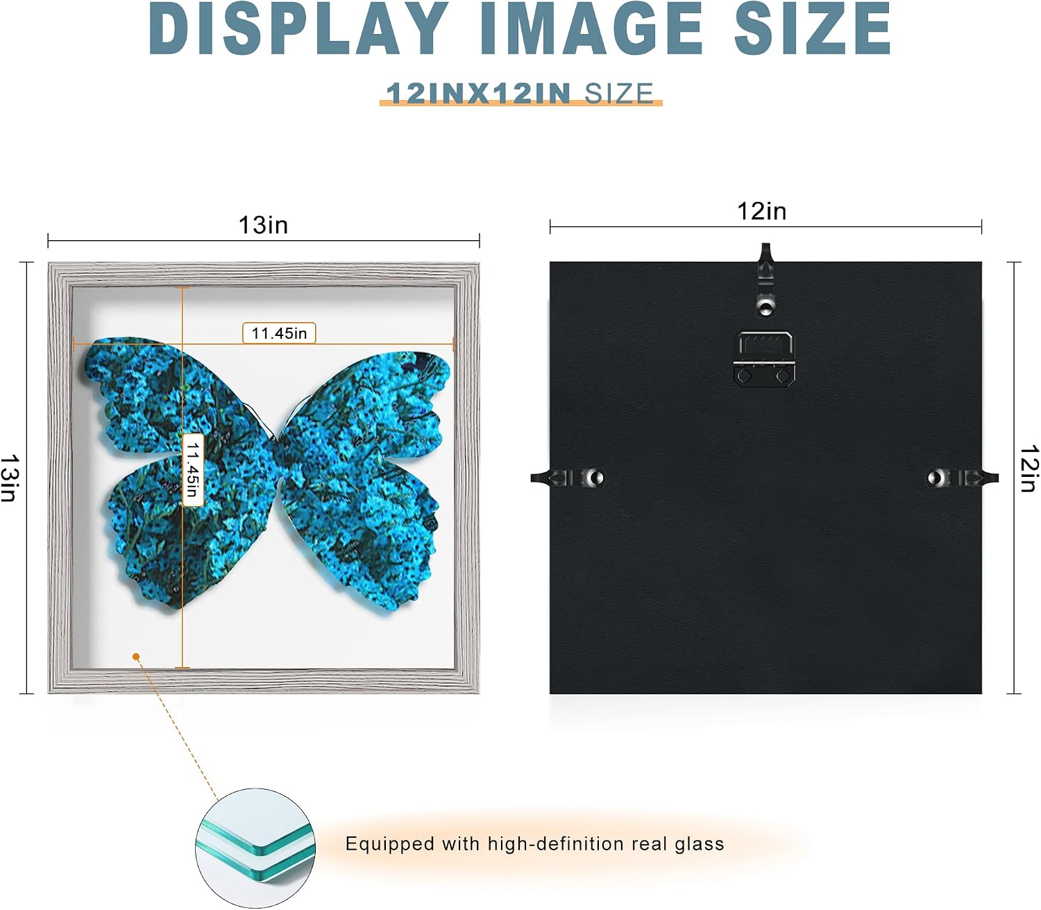 12x12 Gray Wooden Shadow Box Frame, 1.2" Deep, Tempered Glass | Black Backboard, Tabletop & Vertical/Horizontal Wall