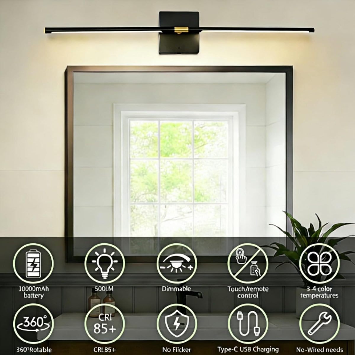 Battery Operated Wall Sconces Set of 2: 10000mAh Rechargeable Wireless Wall Lights, 360° Rotatable Magnetic Wall Lamp
