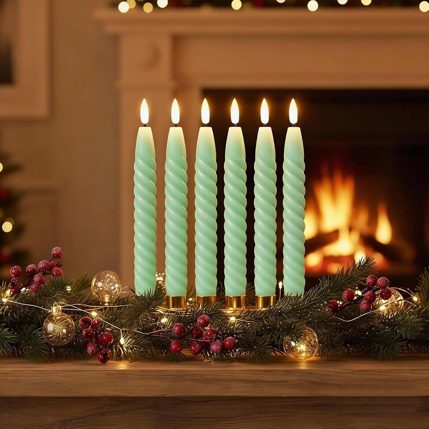 Green Flameless Taper Candles Flickering with Remote Timer | LED Spiral Taper Candles, Flameless Candlesticks, Battery