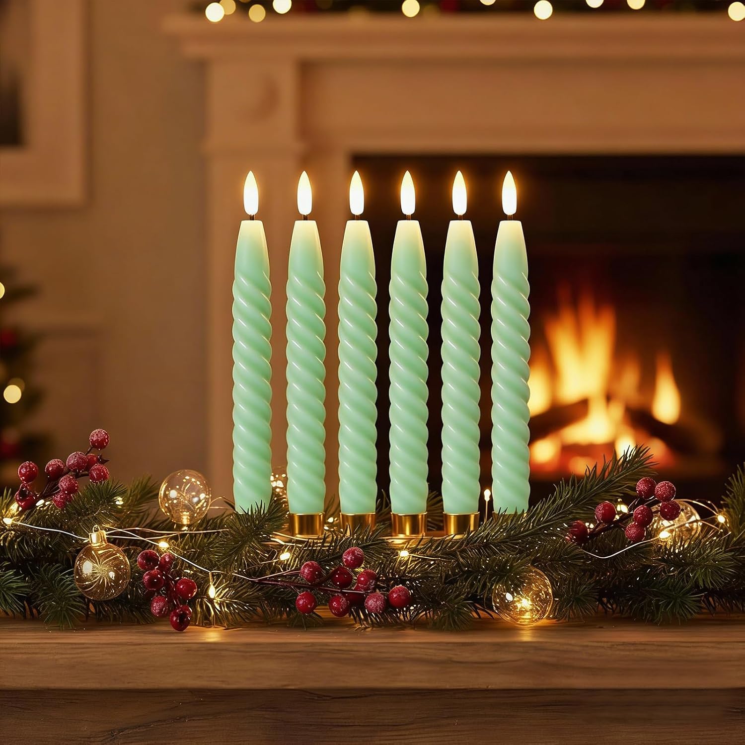 Green Flameless Taper Candles Flickering with Remote Timer | LED Spiral Taper Candles, Flameless Candlesticks, Battery