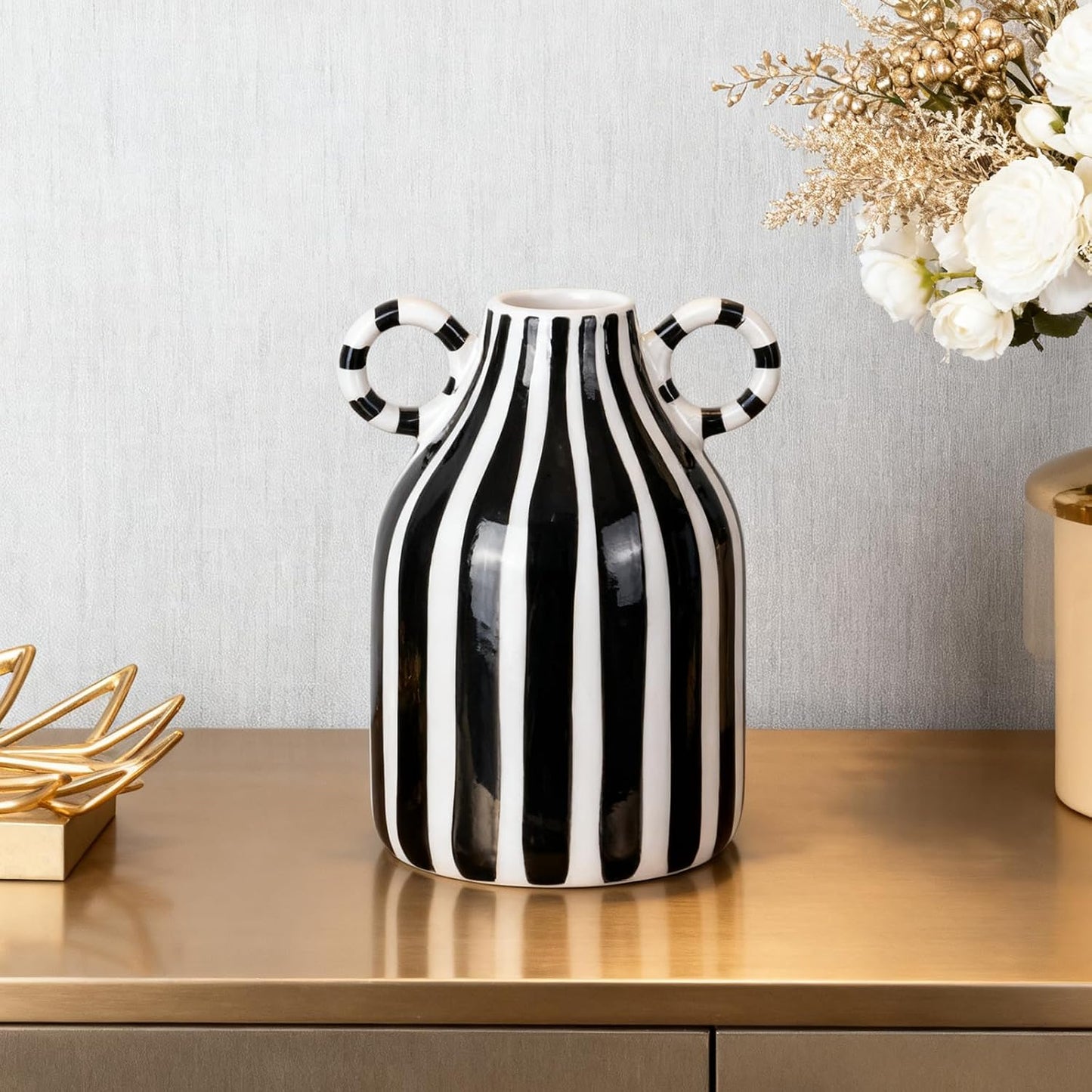 Ceramic Vase / Nordic Boho Small Vases Side Table Flower Centerpiece / Black and White