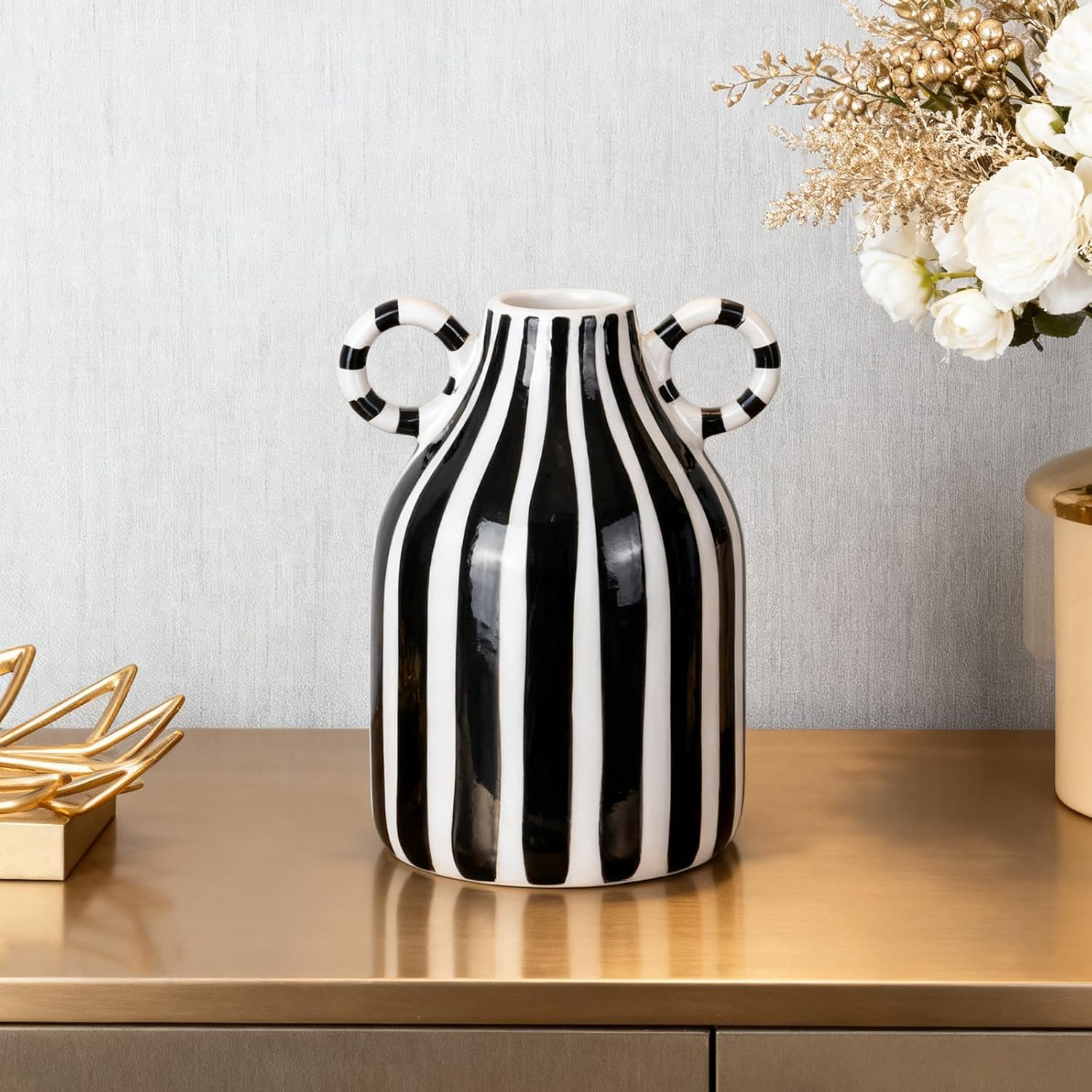 Ceramic Vase / Nordic Boho Small Vases Side Table Flower Centerpiece / Black and White