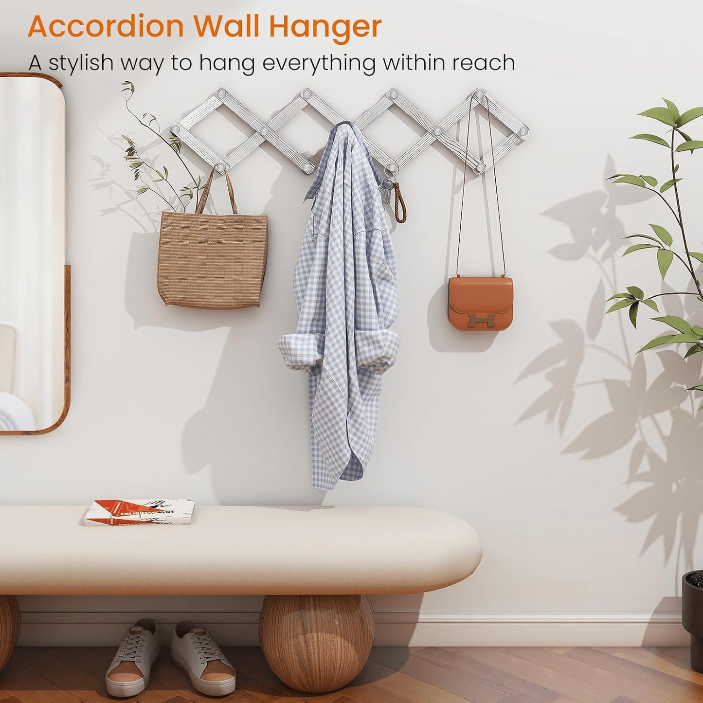 Accordian Wall Hanger, Expandable Coat Rack Wall Mounted, Accordion Style Wood Hat Rack with 13 Peg Hooks for Hanging