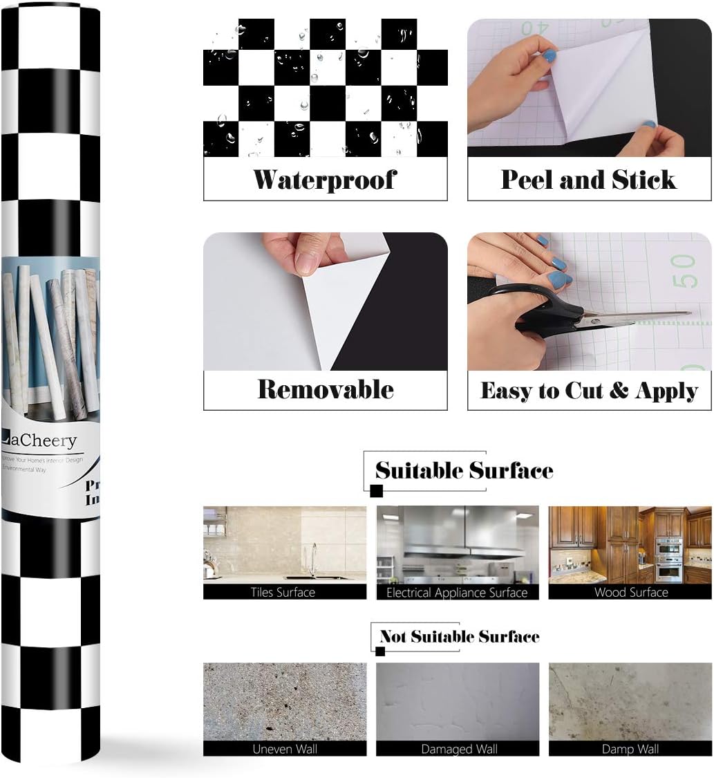 Checkered Peel and Stick Wallpaper Black and White Contact Paper / 12 x 317 / Black/white