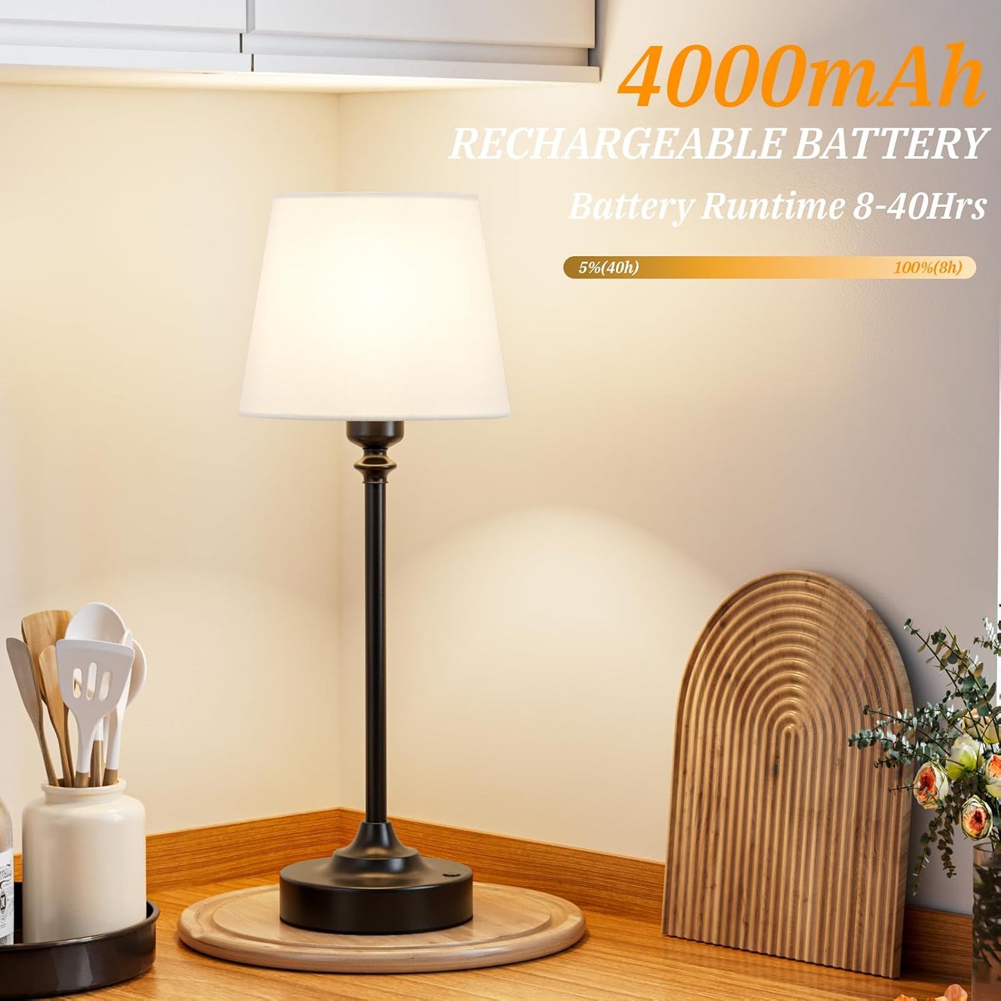 Cordless Table Lamps Rechargeable Set - 2 Pack Black 4000mAH Battery Operated Lamps for Decor, 3000K Stepless Dimming
