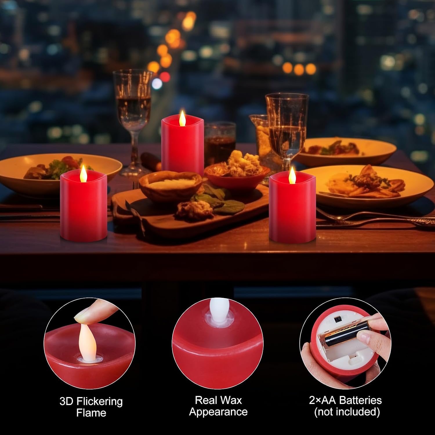 3x4 Flickering Flameless Candles Set of 3,Real Wax Pillar led Candles Flickering,4 inch Flameless Candles with