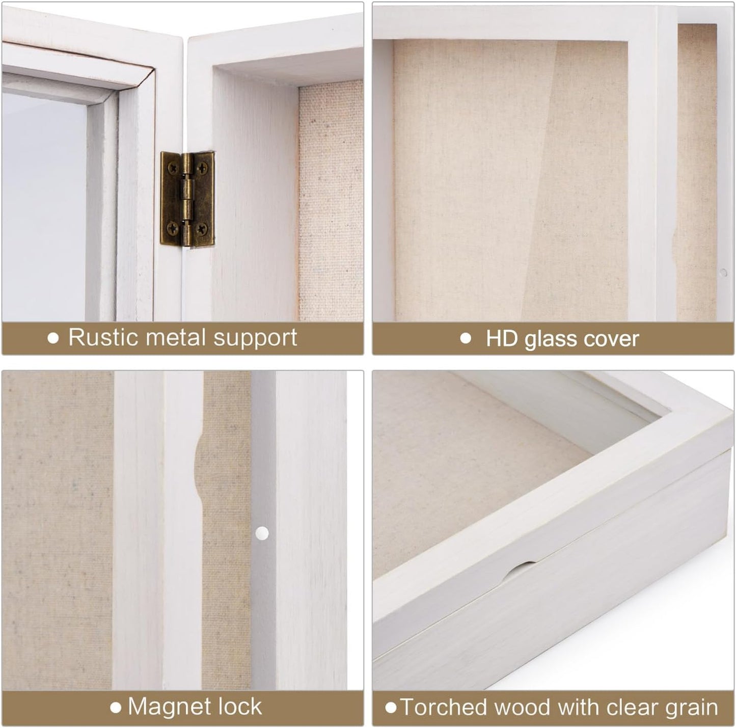 Love-KANKEI Deep Shadow Box 11x14,Wood Frame,Large Memory Box,Rustic White | Front-Opening Glass Magnetic Door,Linen