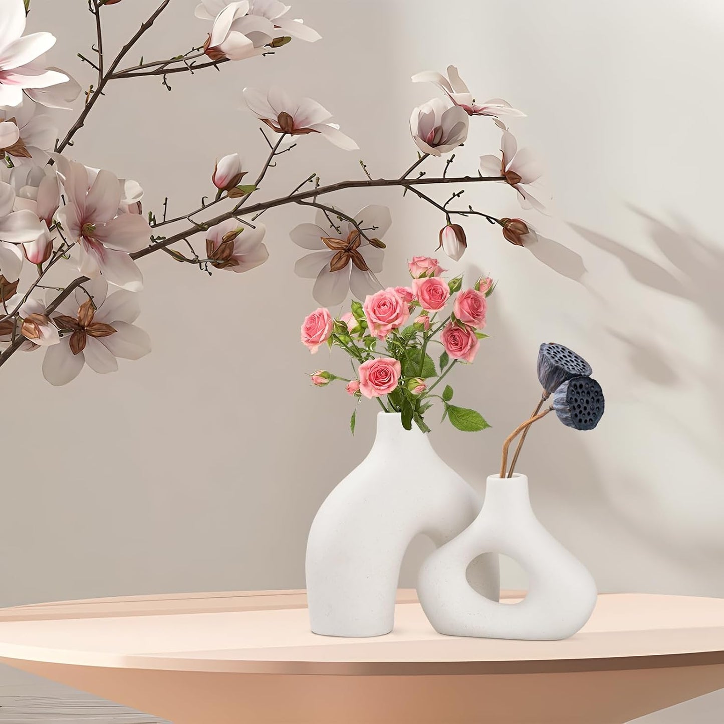 Ceramic Vase / Ceramic Hollow Donut Vase / White / Set of 2