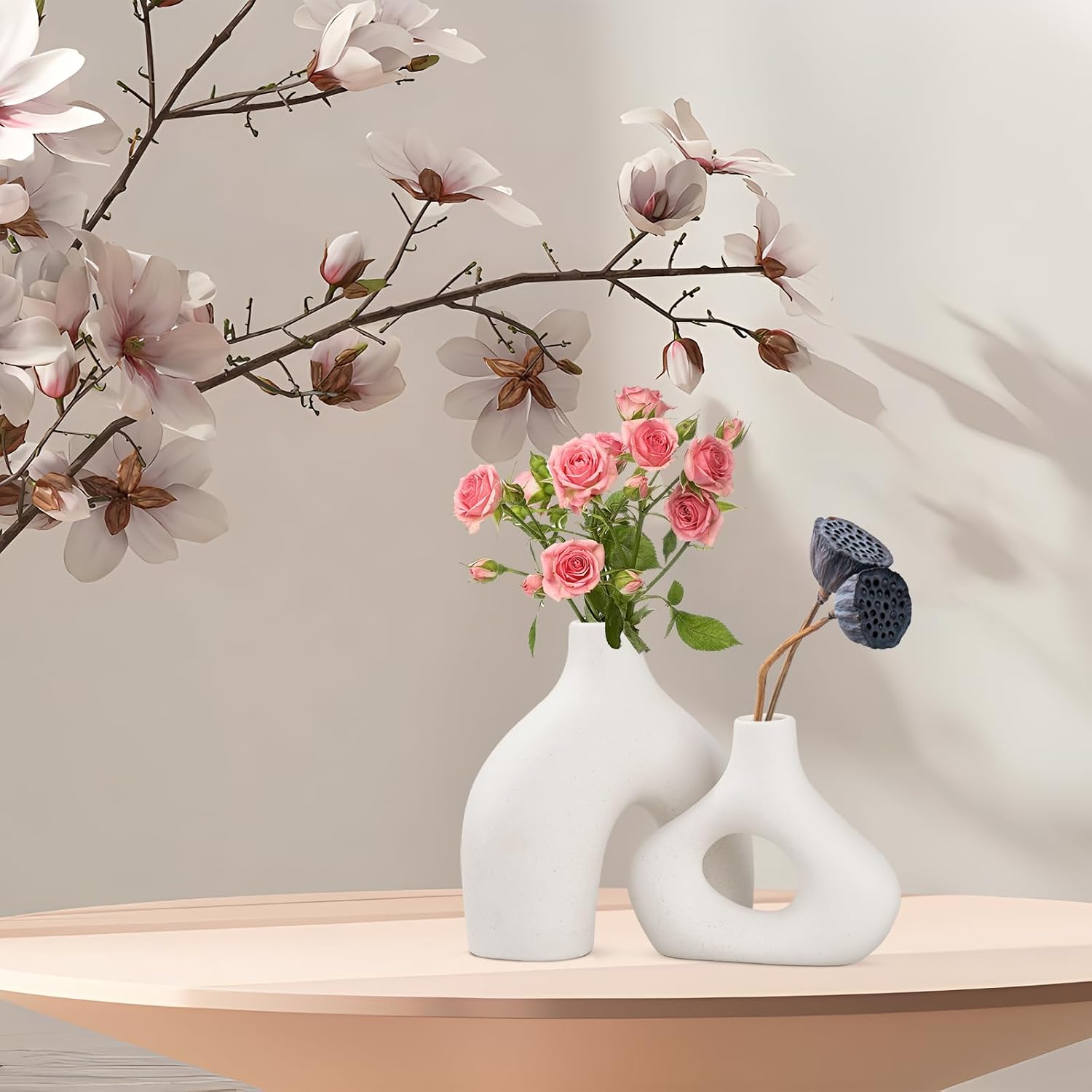 Ceramic Vase / Ceramic Hollow Donut Vase / White / Set of 2