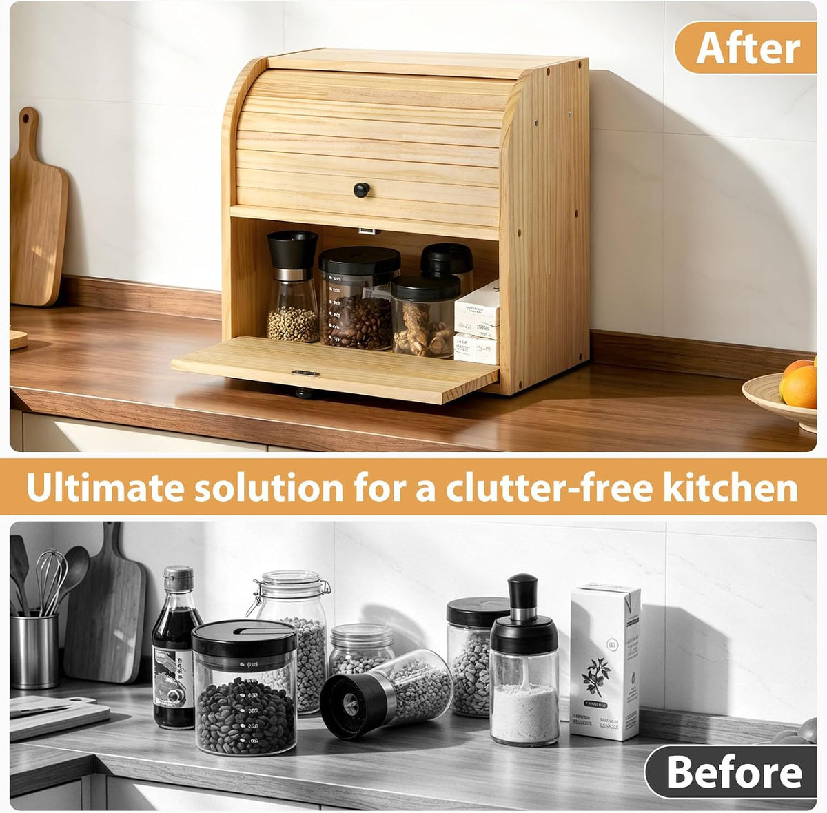 Sunhoo Wooden Bread Box for Kitchen Countertop, Roll Top Breadbox, Natural | Large Double Layer Pantry Container, Solid