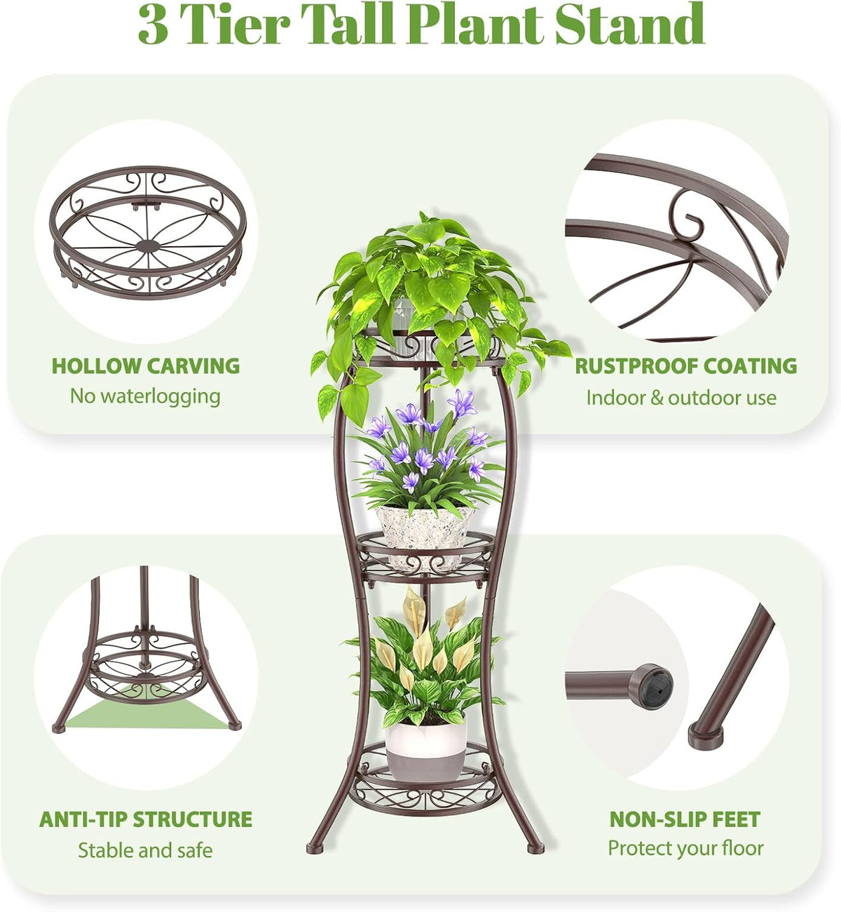 iDavosic.ly 3 Tier Metal Plant Stand Outdoor Indoor, 34 Inch Tall, Bronze | Corner Flower Pot Holder Shelf, Wrought