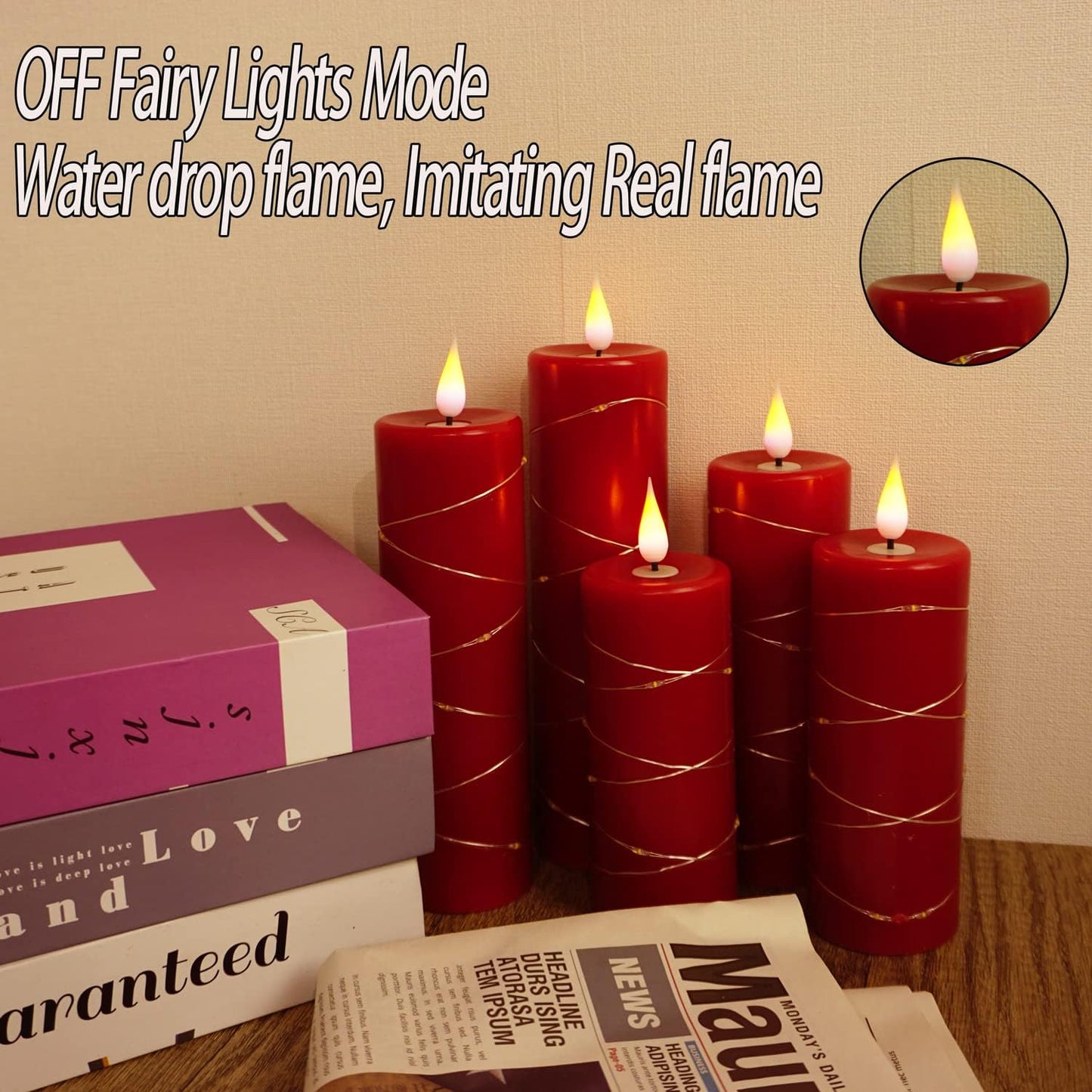 Red Flameless Candle with Remote Control LED Candle with String Lights Battery Powered Flameless Candle4'' 5'' 6'' 7''