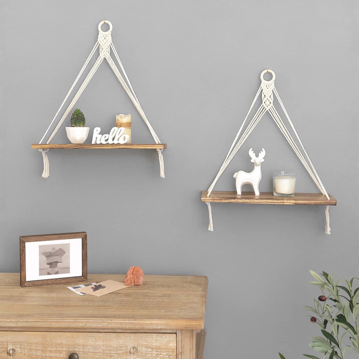 Macrame Hanging Shelves Boho Wall Decor Rustic Wood Floating Storage Shelf / White / Set of 2