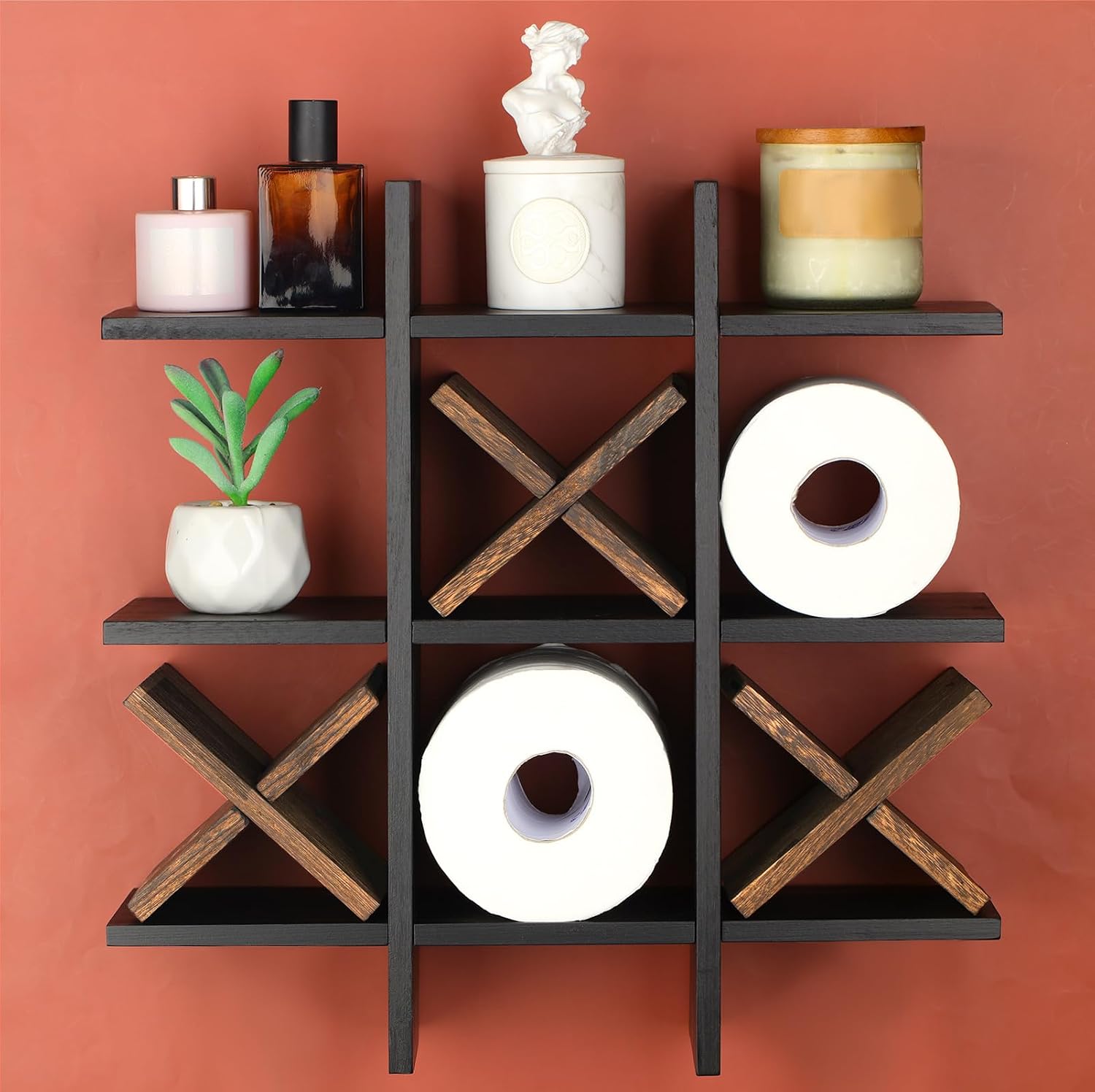 Weysat Tic Tac Toe Toilet Paper Holder,Black, Dark Brown | Farmhouse Bathroom Decor, Freestanding or Wall Mount Storage