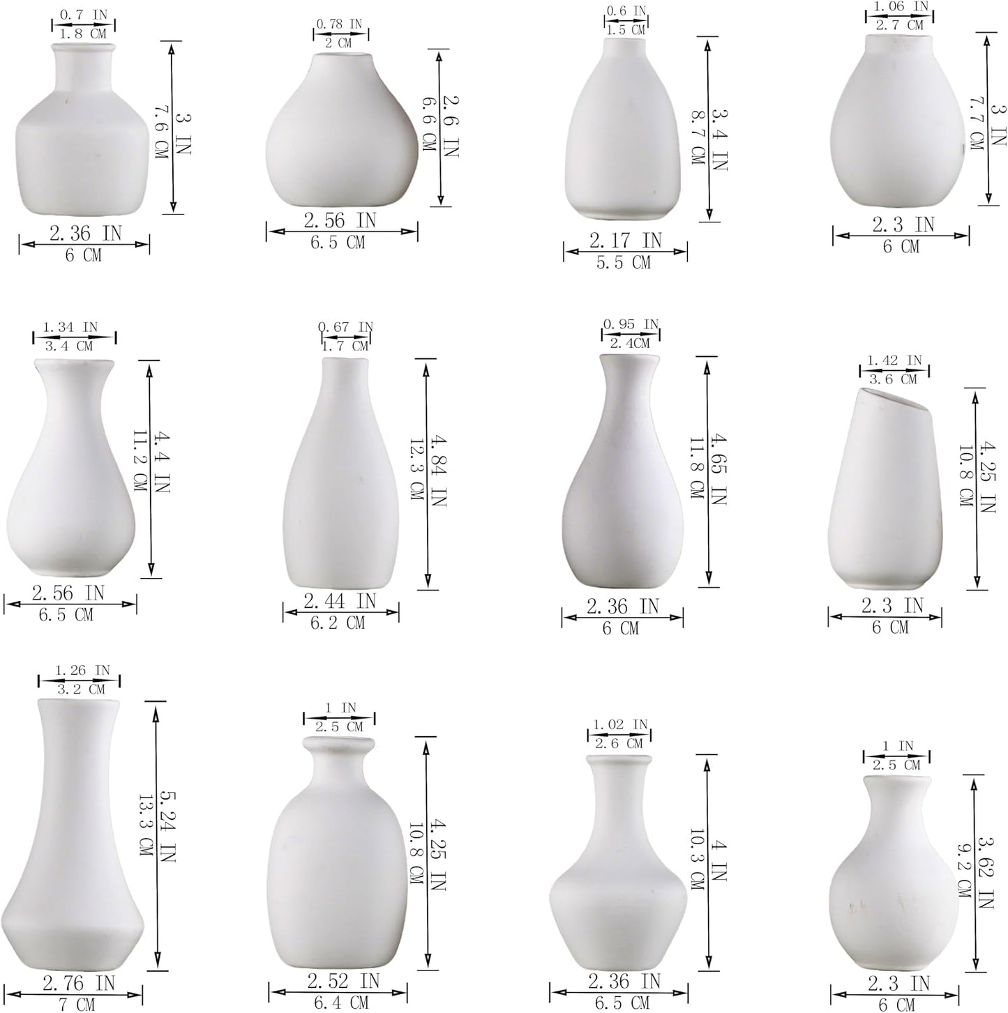 Modern mini ceramic vases / White / Set of 12