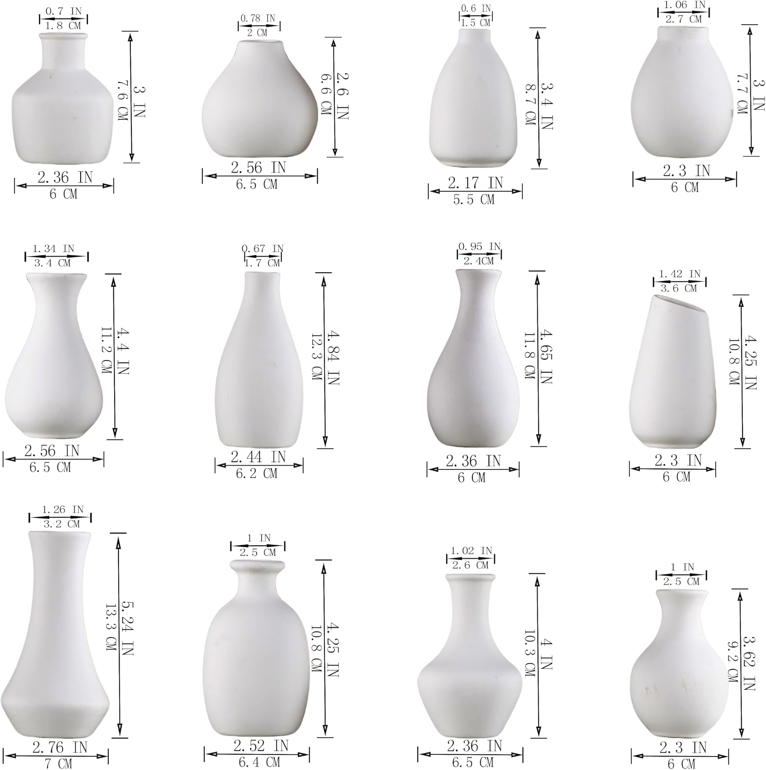 Modern mini ceramic vases / White / Set of 12