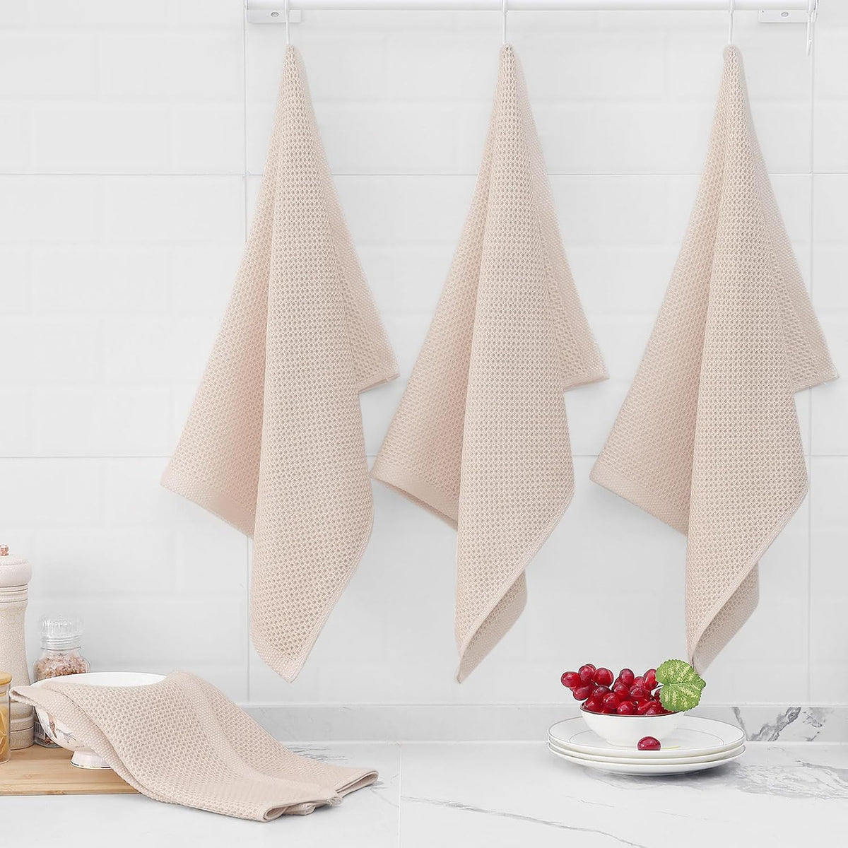 Homaxy 100% Cotton Oversized Waffle Weave Kitchen Towels 8-Pack, Beige | 20 x 28 Inches, Ultra Soft Absorbent Dish