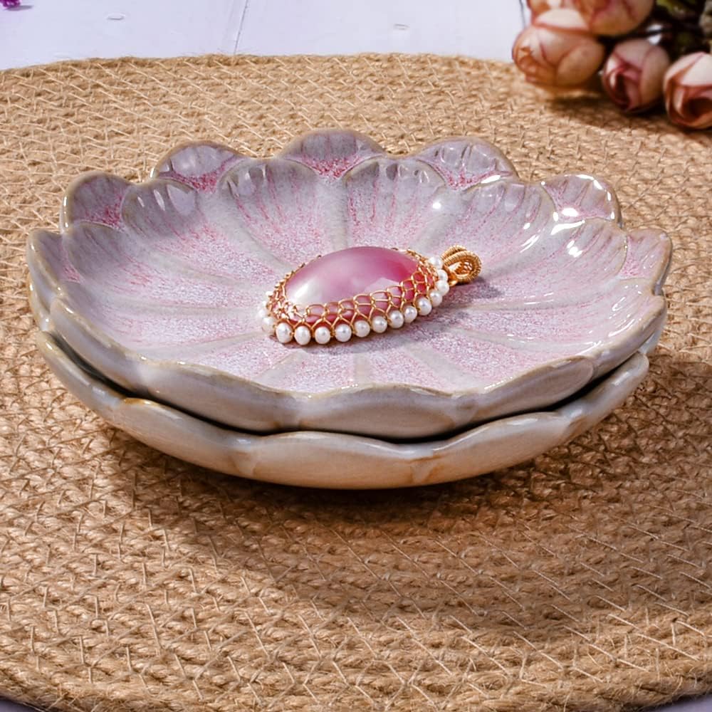 Ceramic Ring Dish Holder Jewelry Tray Trinket Dish Vintage Lotus Shaped / White and Pink / Set of 2