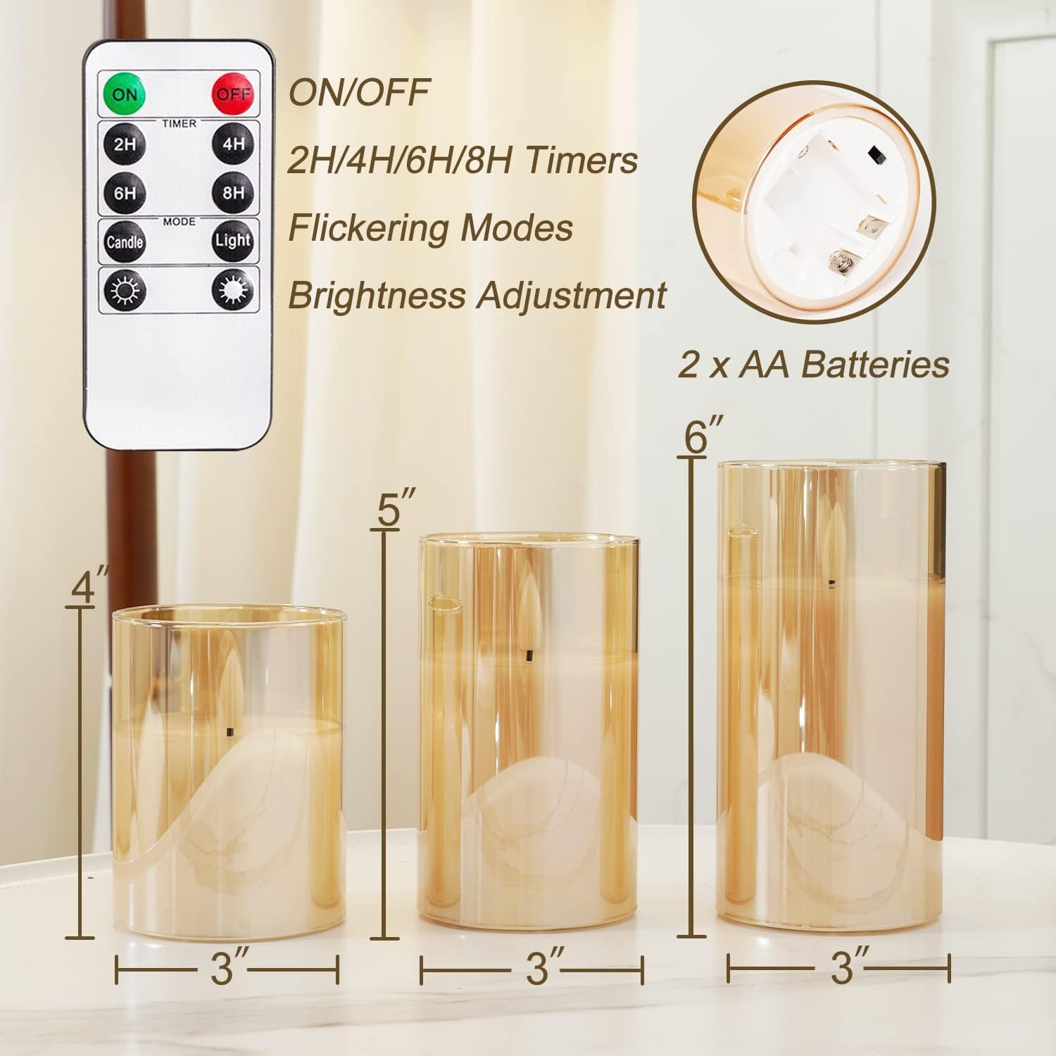 Homemory Amber Glass Flameless Candles, Real Wax, Remote Timer, 3 Pack | D3"xH4"5"6", battery operated flickering LED