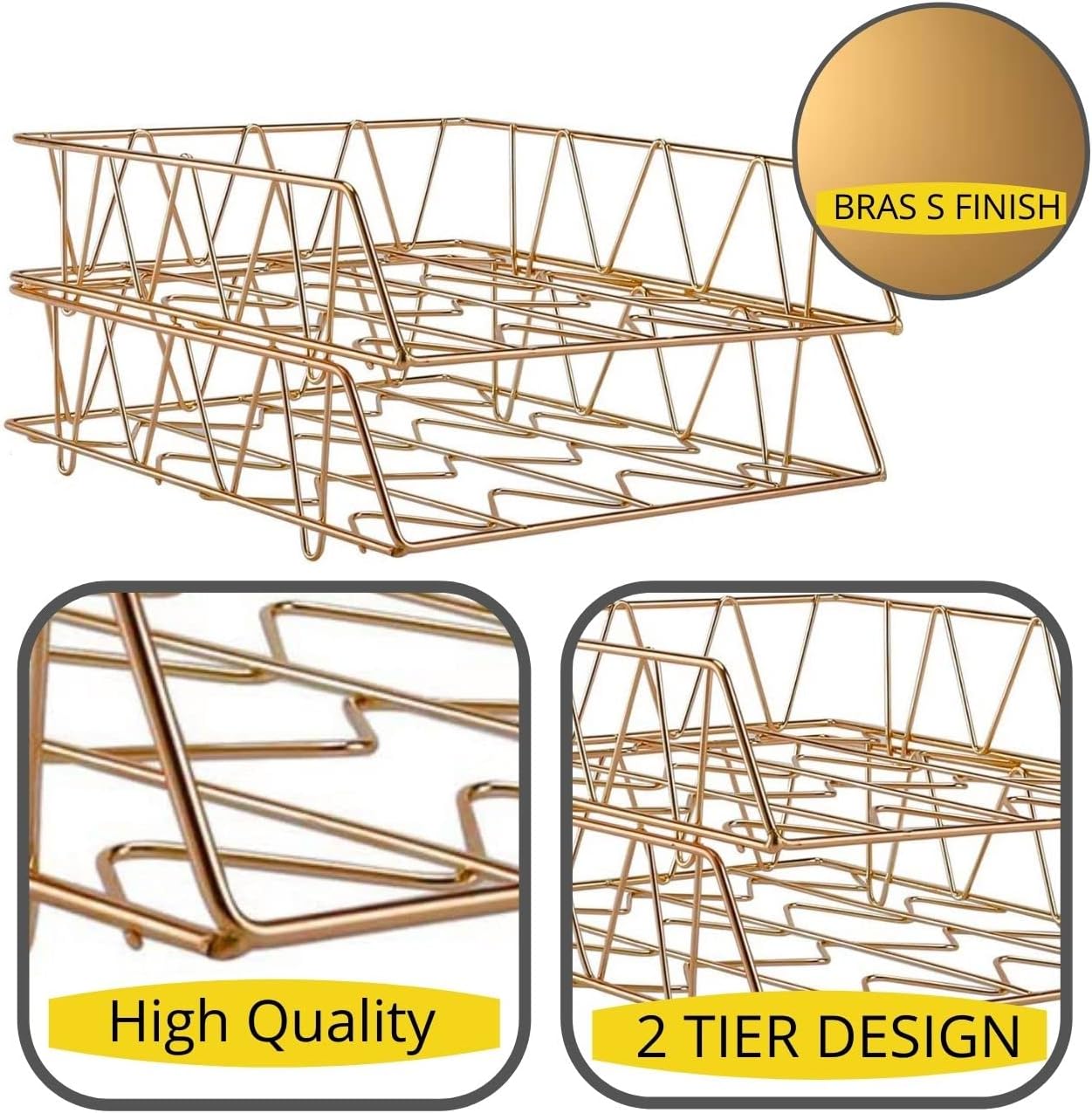 Performore 11x17 Stackable Metal Paper Tray Organizer, 2-Tier Wire Desk Trays for Office & Home, Gold File Holder for