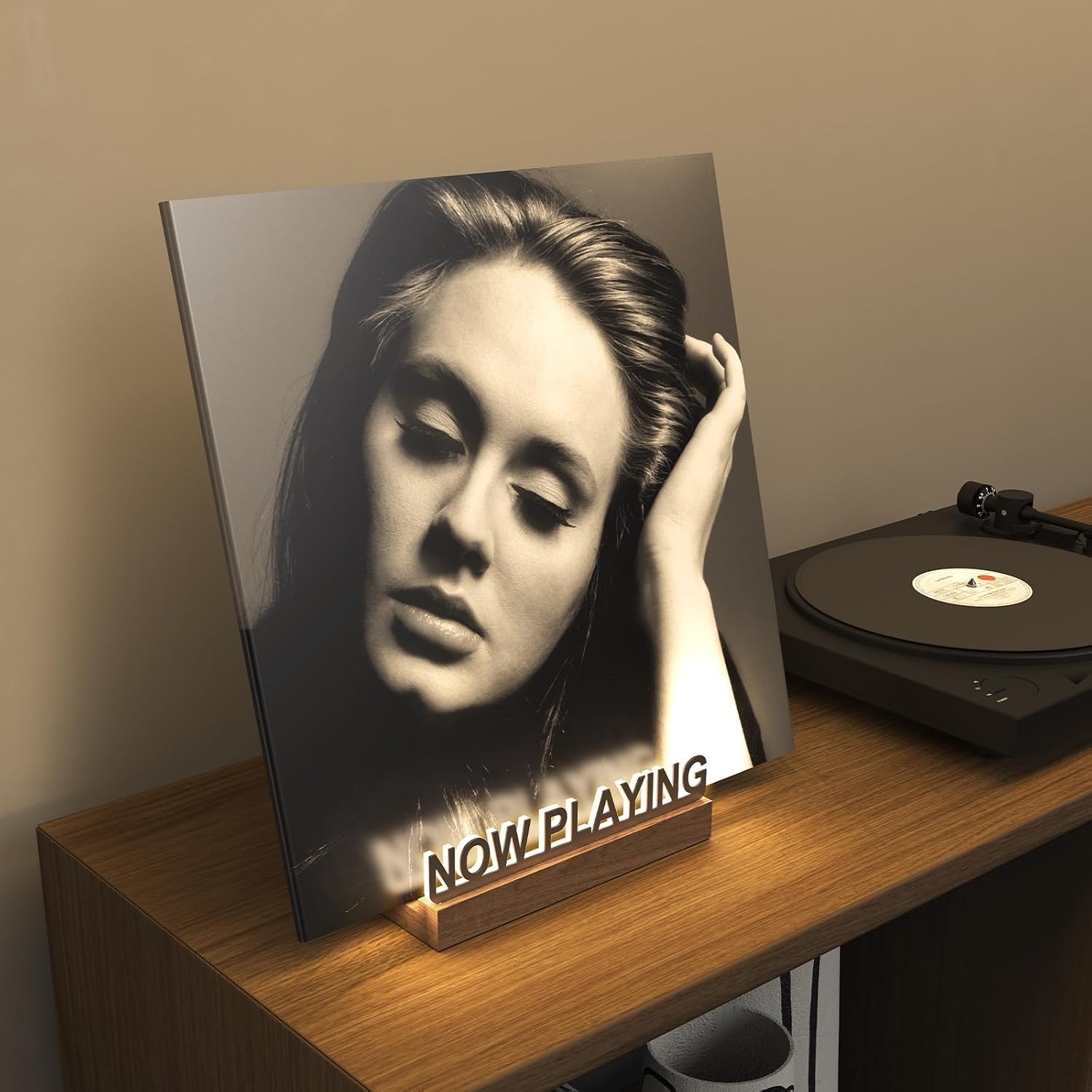 Now Playing Vinyl Record Stand, Light Up Vinyl Record Display Stand, Holder for Album Display Storage, Warm White Light