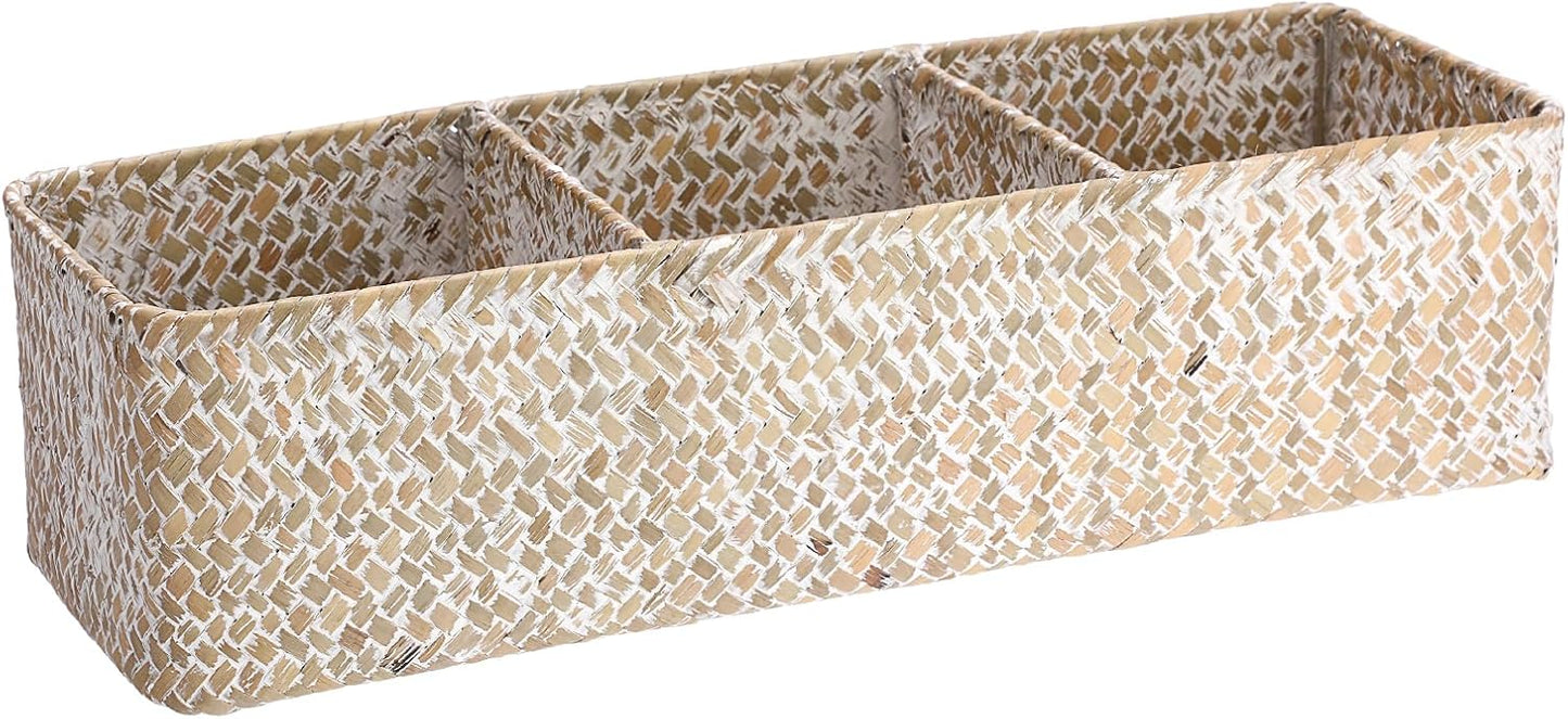 Handwoven Seagrass Storage Basket 3 Sections Toilet Tank Paper Basket Wicker / Large / Whitewash