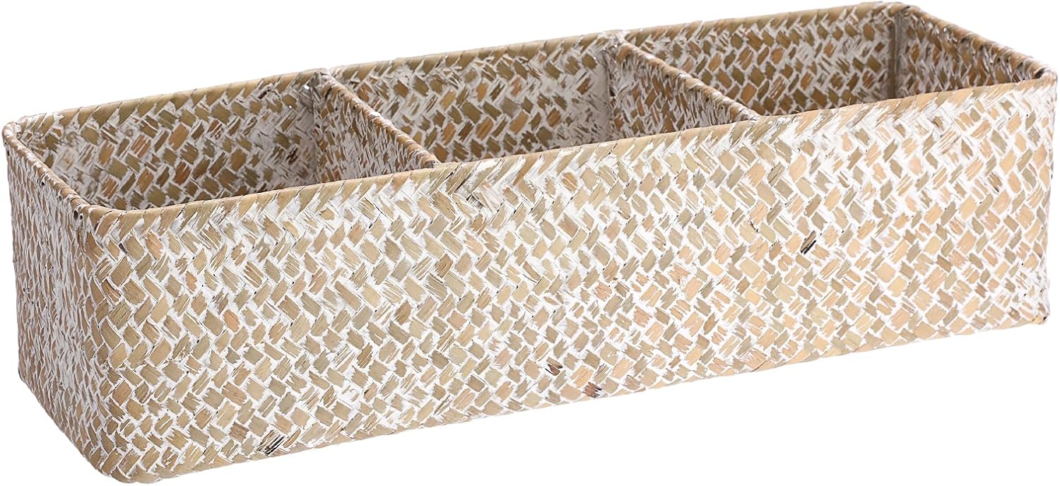 Handwoven Seagrass Storage Basket 3 Sections Toilet Tank Paper Basket Wicker / Large / Whitewash