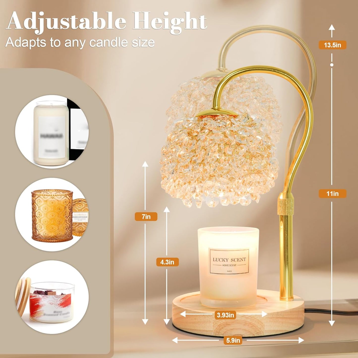 Hisummer Candle Warmer Lamp with Timer, Dimmable Candle Lamp Warmer with 312 K9 Crystals Adjustable Height Electric