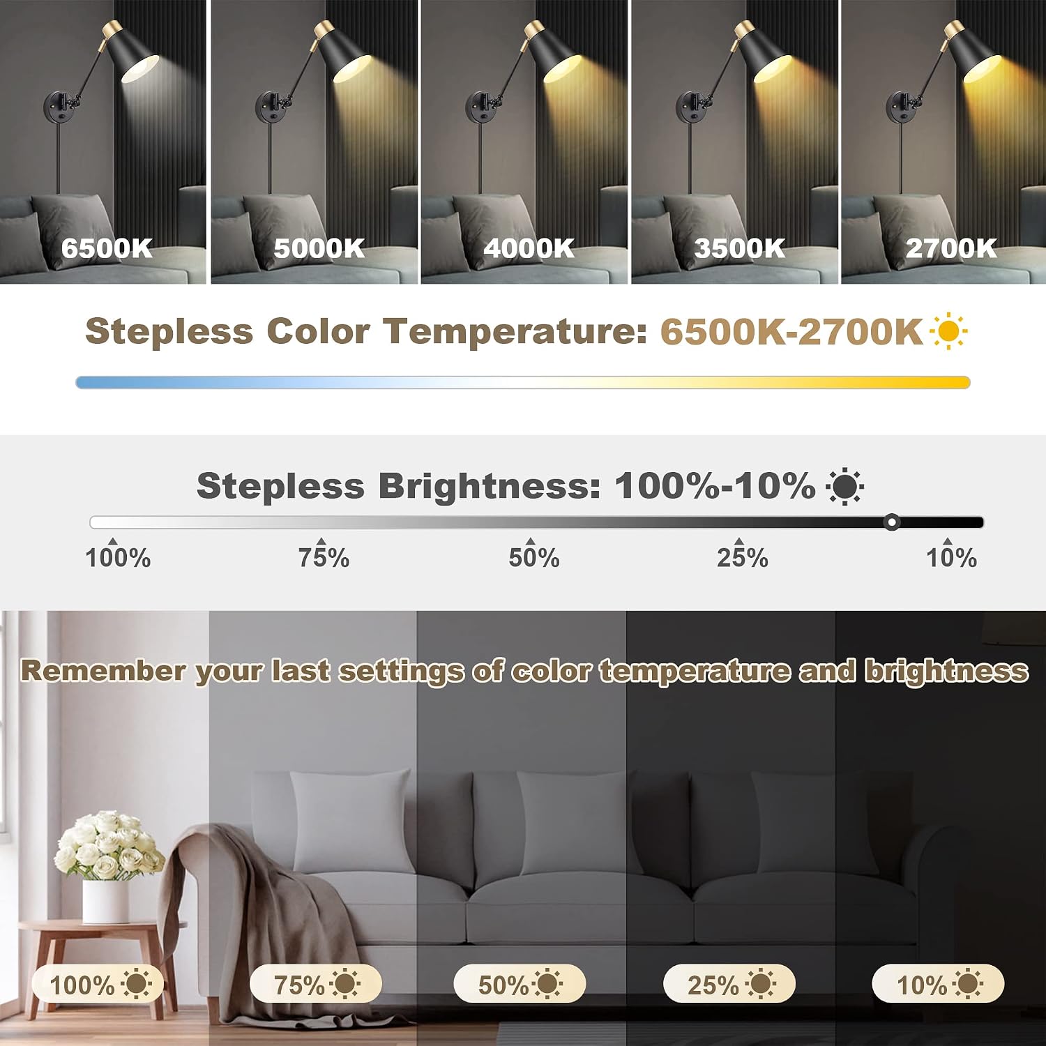 Plug in Wall Sconces with Remote, Adjustable Colors 2700K-6500K & Brightness 10%-100%, Swing Arm Wall Lamp, Wall